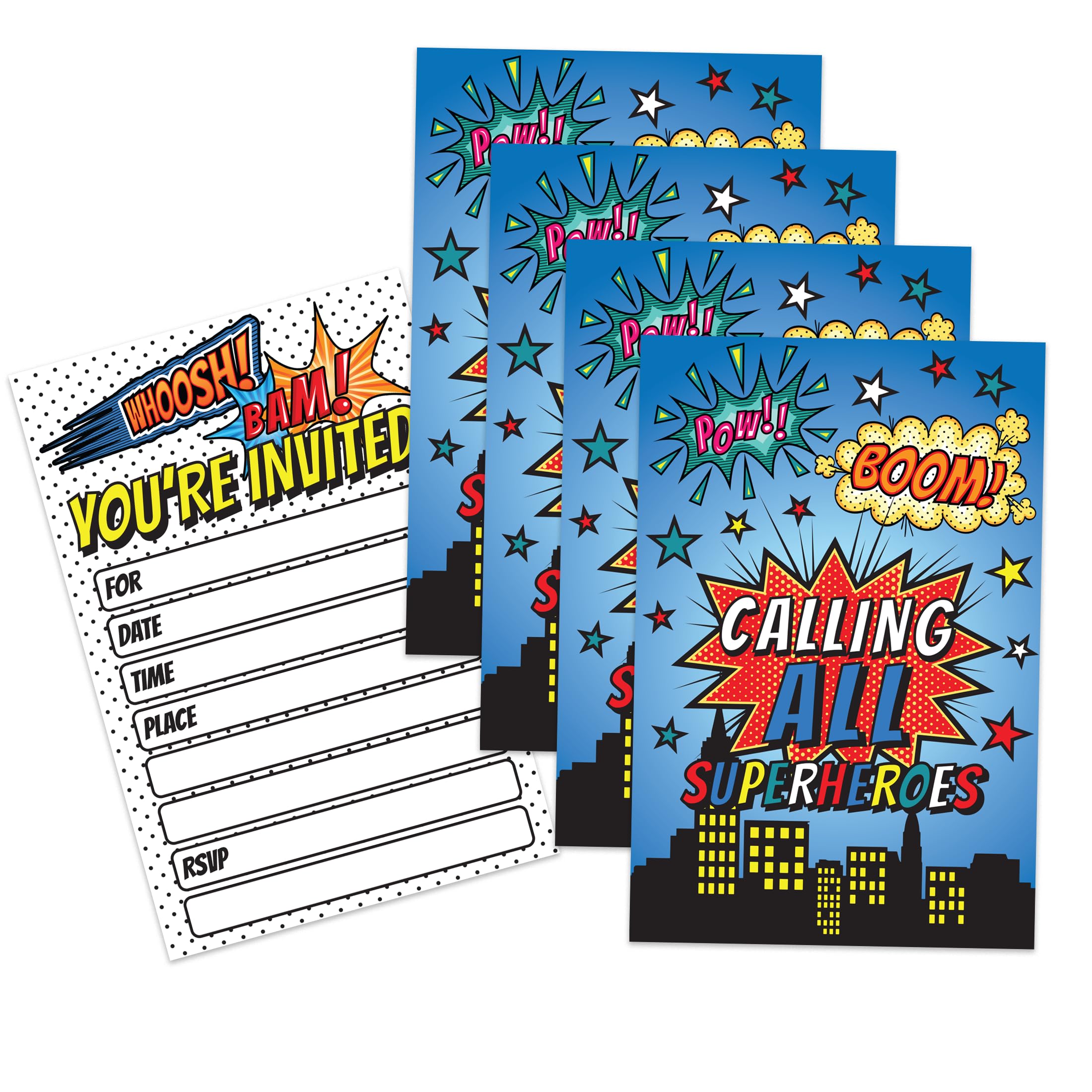 Superhero Comic Book Super Heroes Birthday Party Invites For Boys Kids - 20 Count of 4 x 6 Inch Double Sided Fill-In Invitations With Wet To Seal Envelopes