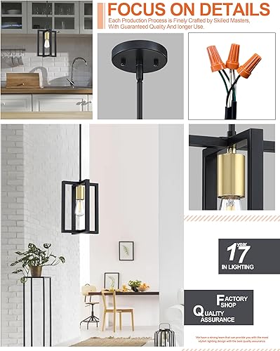 Miniatura 3 de Paquete de 3 lámparas colgantes de 1 lámpara industrial para isla de cocina, casa de campo, rústico, vintage, acabado negro y dorado, accesorio para