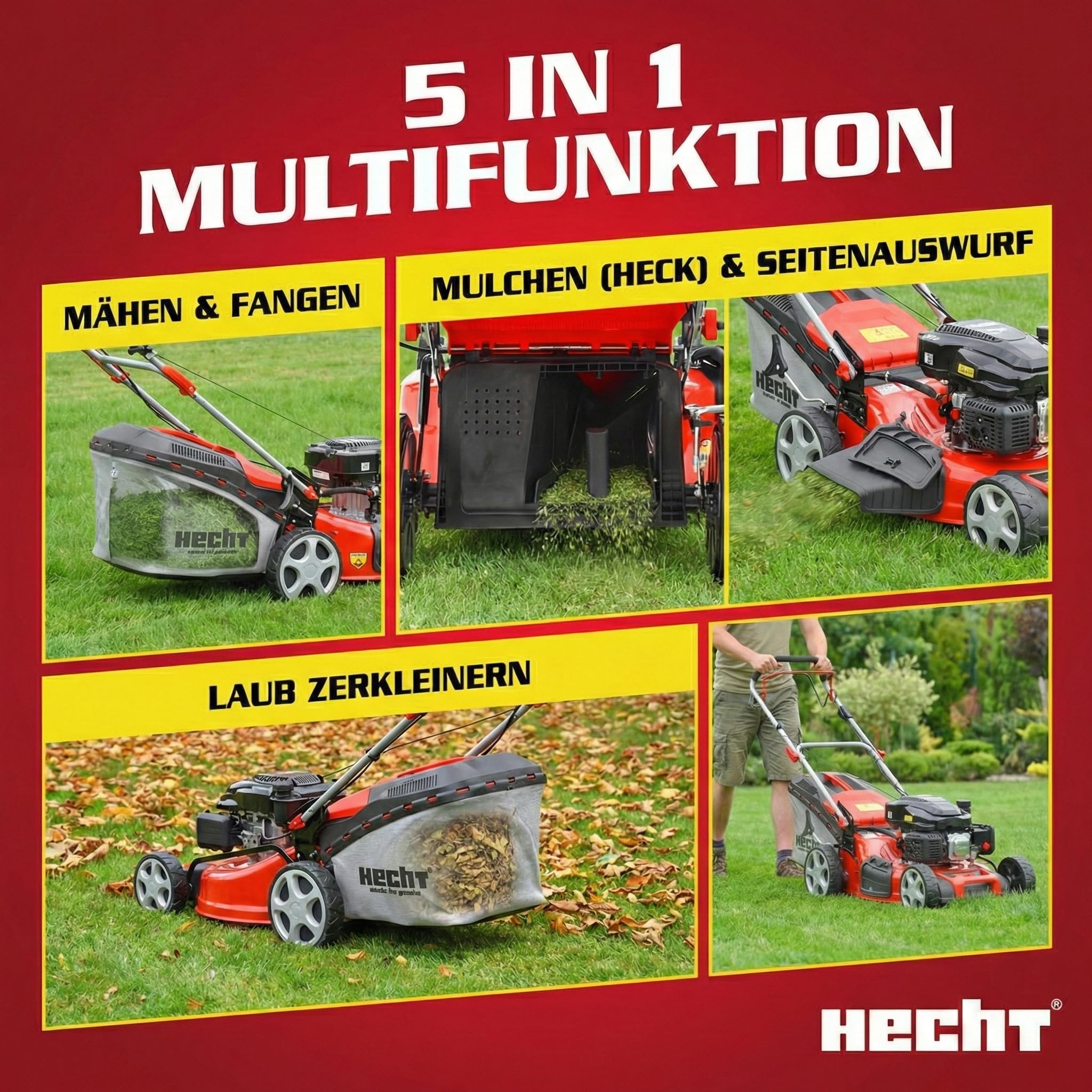HECHT 5in1 Benzin Rasenmäher 6,0 PS – 53 cm mit Elektrostart & Radantrieb | 4-Takt Eco Motor mit 4,4 kW, 75 L Fangkorb, Mulchfunktion und Seitenauswurf – für Rasen & Garten