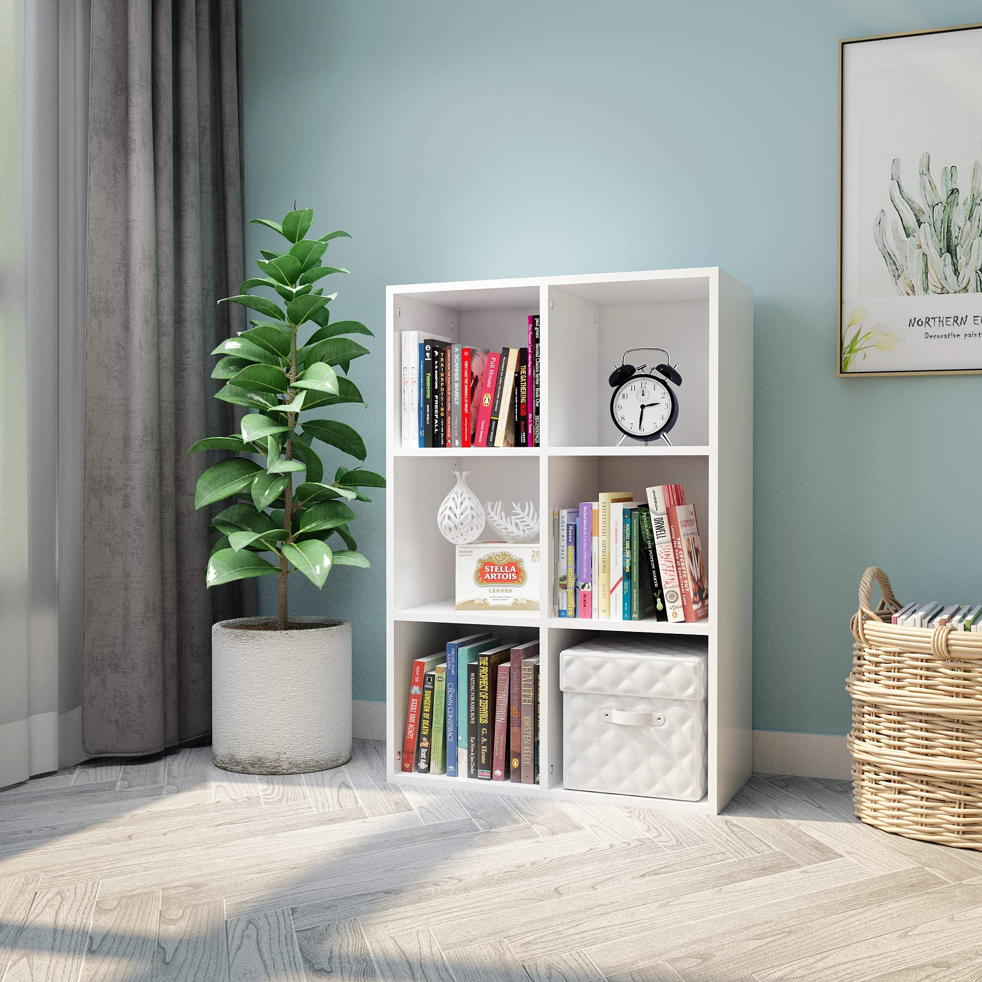 Mondeer Bücherregal, Regal mit 6 Fächer aus Holz, Weiß Modern für Wohnzimmer Arbeitszimmer, 60.5x30.3x90cm