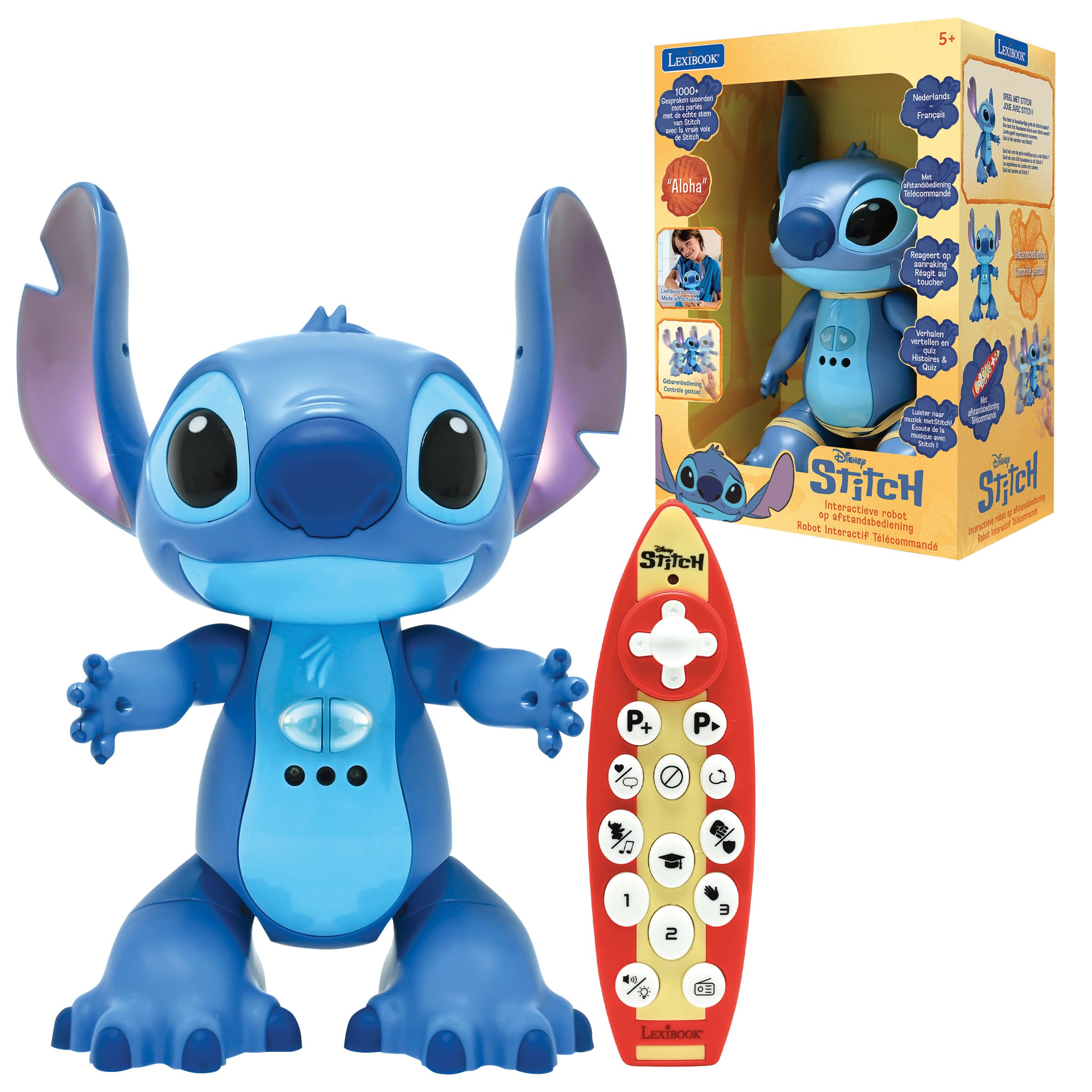 Lexibook, Disney Stitch, Bilingual Interactive Toy French Dutch, Gesture and Remote Control, Responds to Touch, Programmable, Two Speeds, Blue, STITCHi10