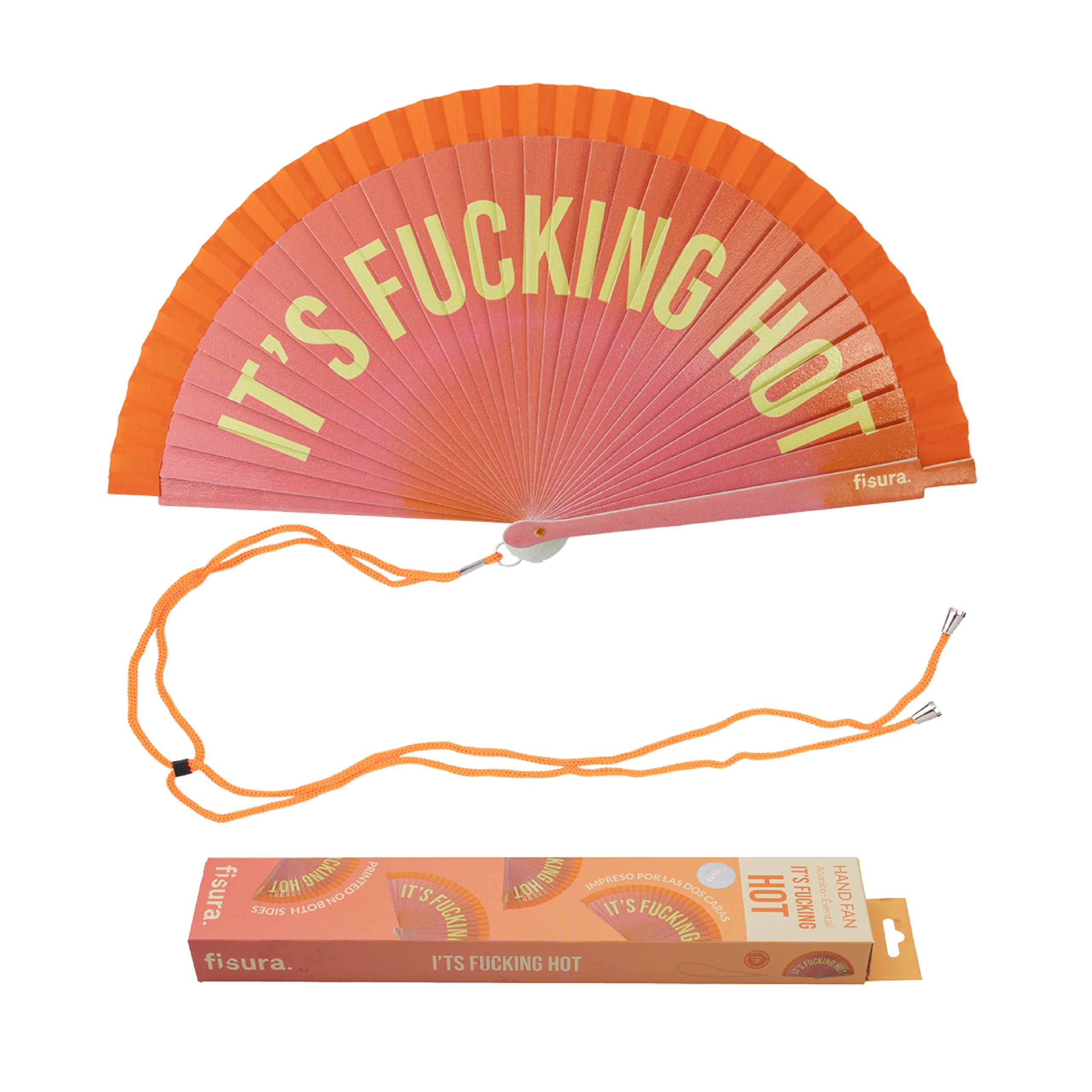 Fisura – Original Folding Handheld Fan with the Message “It’s f*cking hot”. Reversible Wooden Folding Fan, Modern and Colourful.Orange Gradient Design, Hanger Included. Dimensions: 42.5 x 23 cm