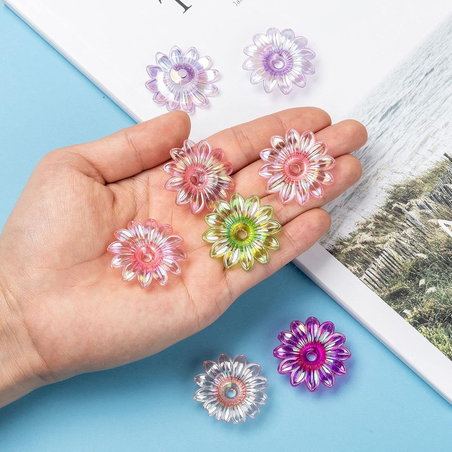 260 pcs Transparent Sunflower Theme Acrylic Bead Caps Flower Floral AB Color Spacer End Caps for DIY Jewelry Necklace Bracelet Earring Keychain Craft Decor