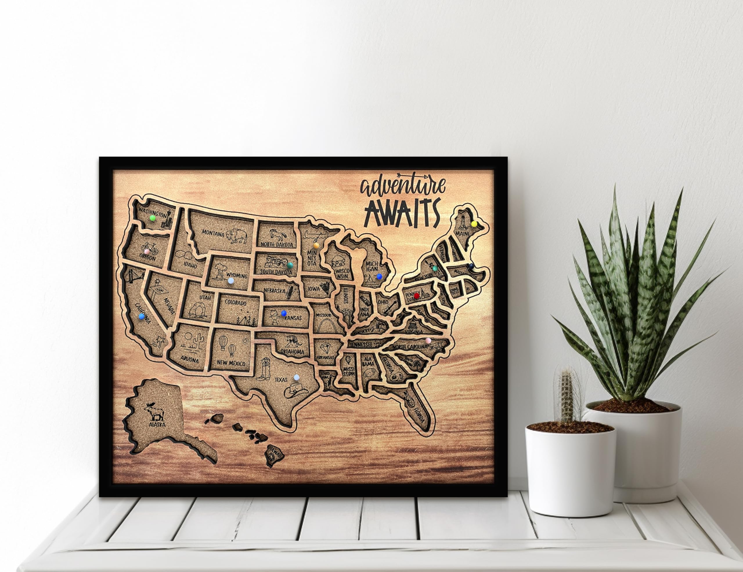 flinelife Mapa de viaje de corcho con alfileres, 12 x 10 pulgadas, tamaño mediano, mapa de Estados Unidos, perfecto para parejas y familiares