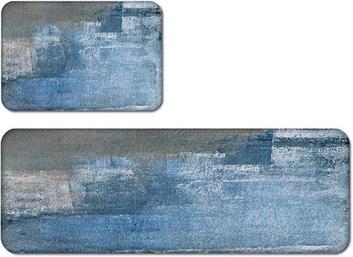 Juego de 2 tapetes de cocina color verde azulado degradado, abstracto, azul y gris, antideslizantes, estilo grunge, rústico, juego de tapetes de
