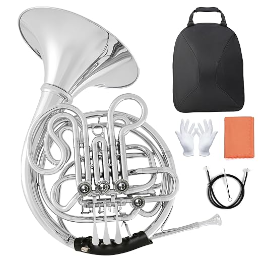 Double French Horn, Double-row French Horn F/Bb 4-key Nickel-Plated French Horn Suitable for Multi-Scene Performances, with Bag, Gloves, Cleaning Cloth (silver)