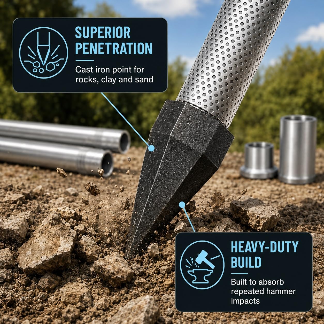 Kit De Tubería De Pozo Galvanizada, Punta De Arena De 1-1/4" 36" | Cabezal de accionamiento de acero inoxidable con criba de malla 60, juego completo for perforación de suelos blandos(3+1kit)