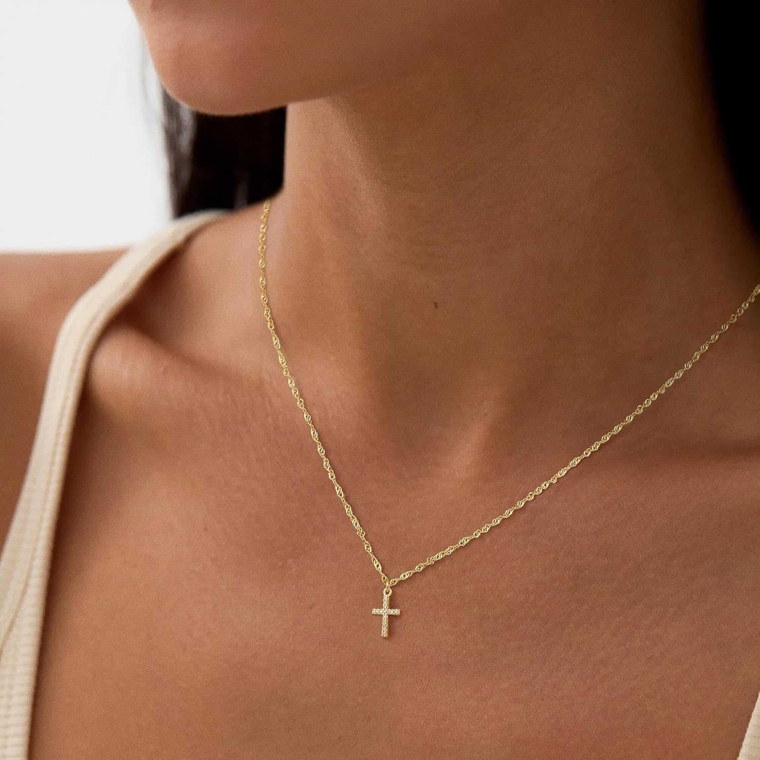 Cross Necklace for Women 14K Real Gold/Silver Plated Dainty Small CZ Cross Pendant Simple Choker Necklace Trendy Cute Sideways Cross Box Chain Necklace Easter Christian Baptism Religious Faith Jewelry Gift - Image 3