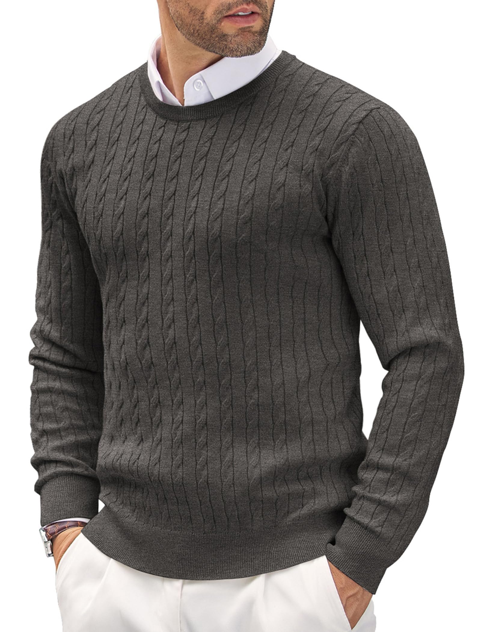 COOFANDY Herren Pullover Rundhals Kragen Zopfmuster Pullover Slim fit Sweater Leichter Freizeit Feinstrickpullover