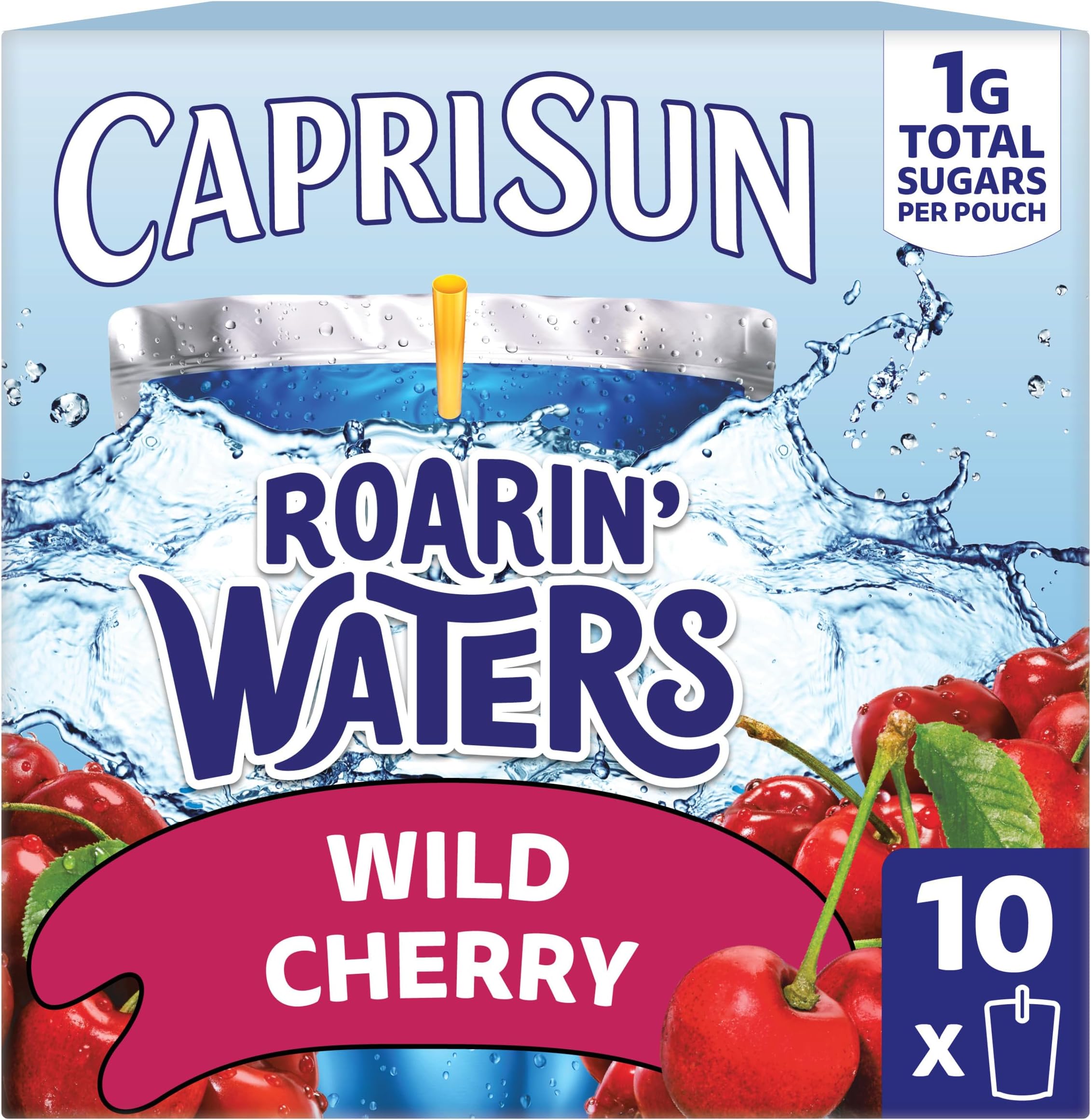 Roarin' Waters Flavored Water Beverage, 10 Pouches, for School Lunches and On-the-Go Hydration, Wild Cherry Natural Flavor with Other Natural Flavor, All Natural Ingredients, 6 oz