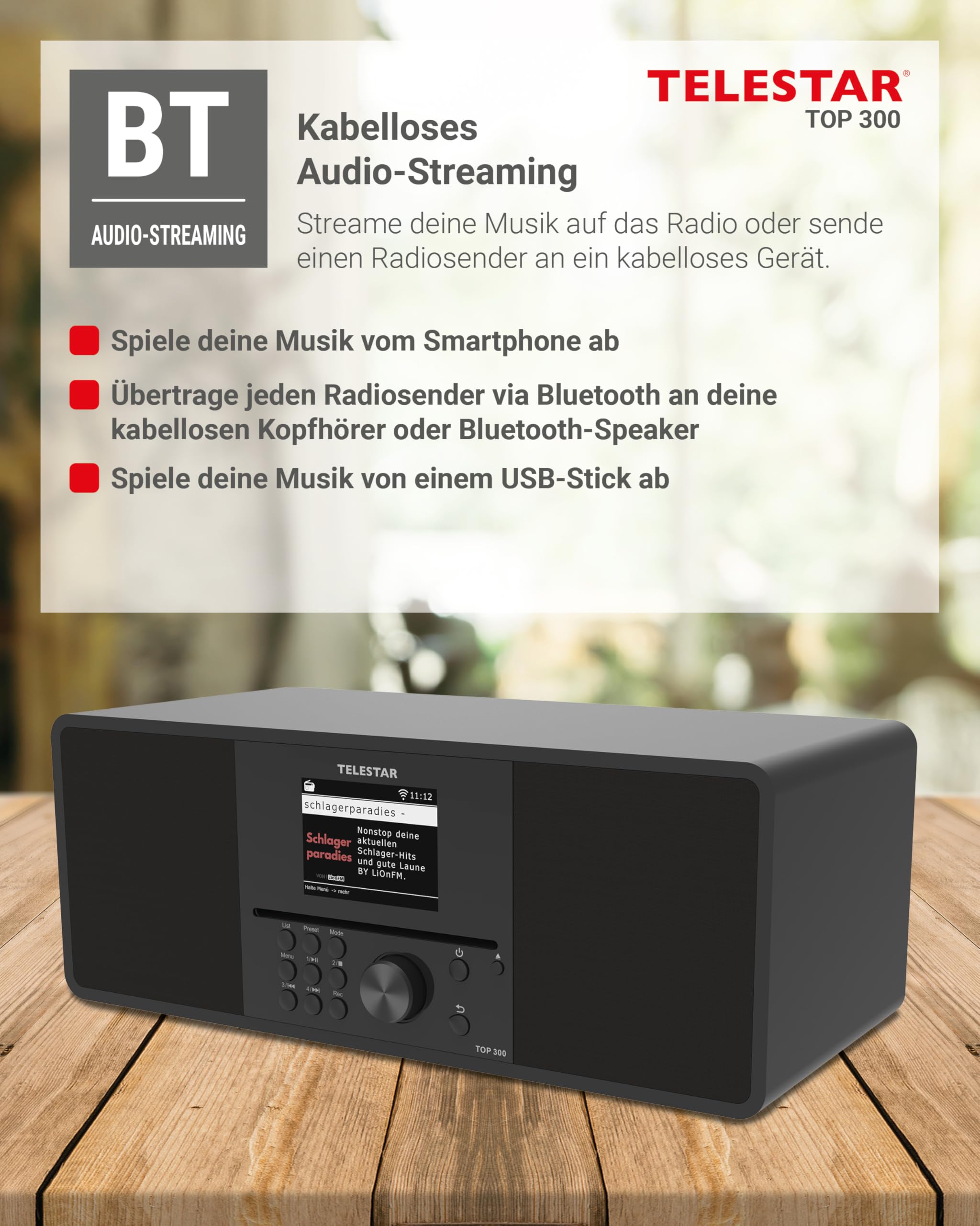 TELESTAR TOP 300 – DAB+/Internetradio mit CD-Player, Stereo – Schwarz | 2 × 15 W, Streamingdienste, Bluetooth Audio-Streaming & Sendefunktion, USB-Recording, Notfallwarnsystem
