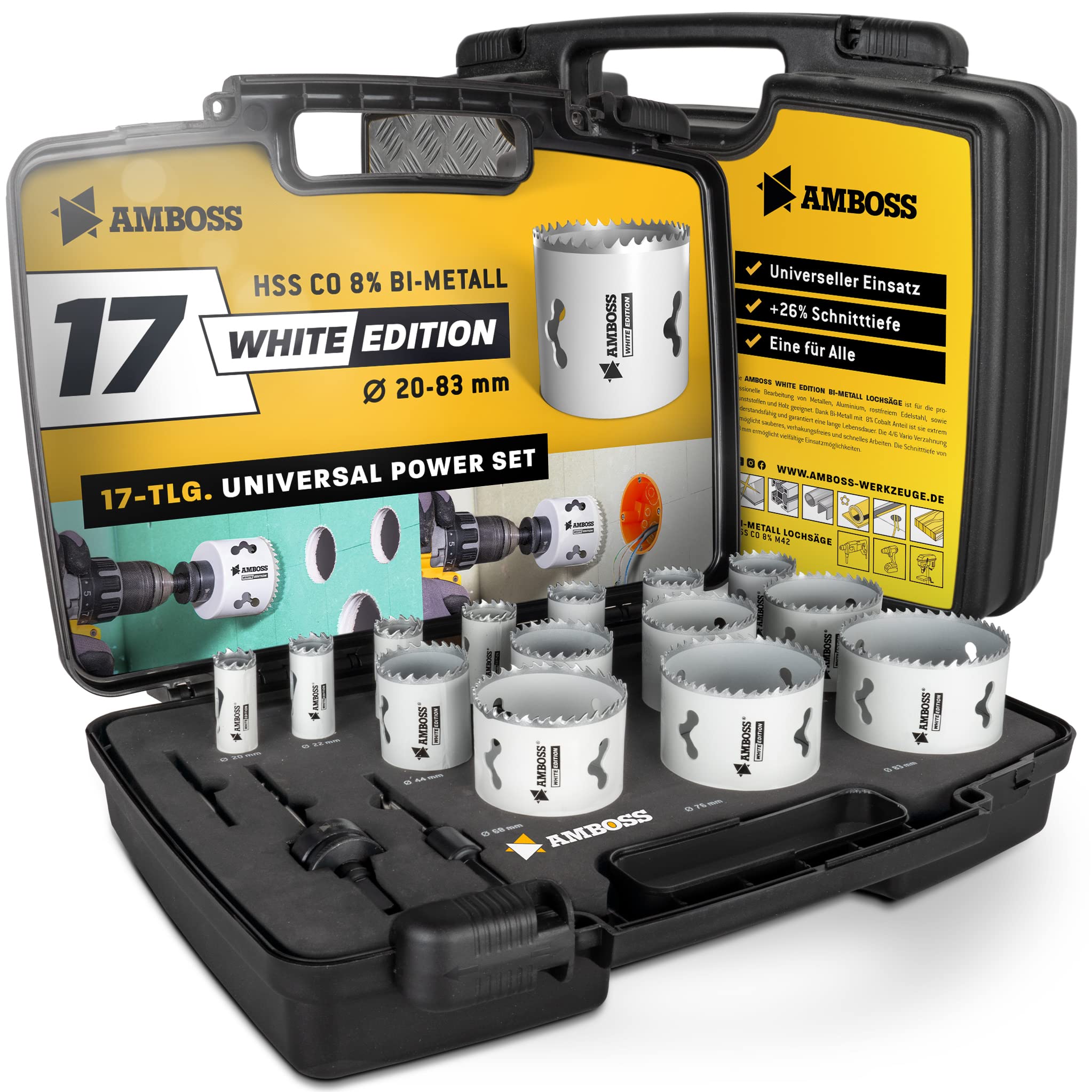 Amboss M 42 - Set di seghe a tazza bimetalliche, Ø 19-83 mm (17 pezzi), per alluminio, acciaio, cartongesso, legno, ecc. White Edition 17 Universal Power Set