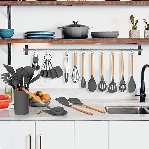 Miniatura 4 de LIANYU Juego de utensilios de cocina de silicona de 33 piezas con soporte, mango de madera resistente al calor, utensilios de cocina antiadherentes