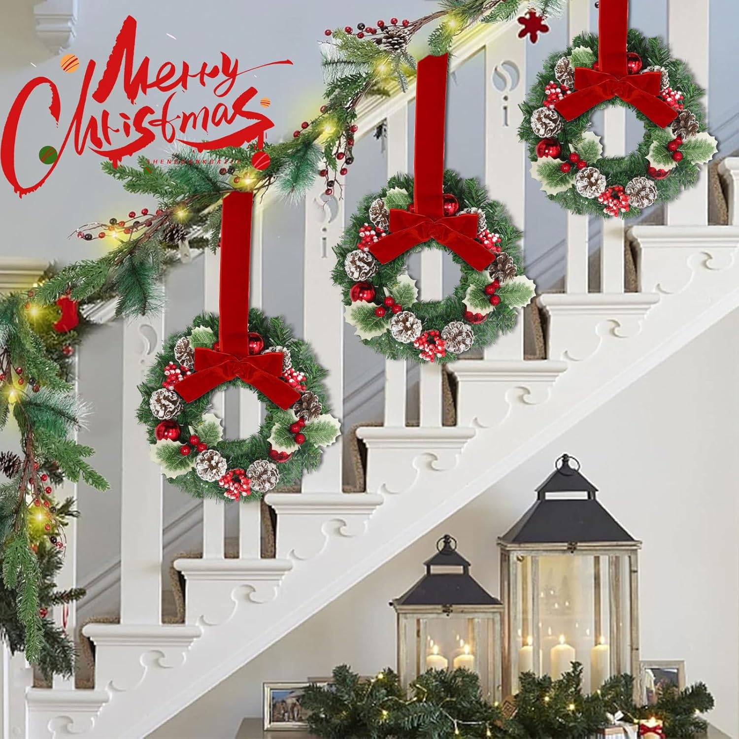 6 Pcs 12 Inch Small Christmas Wreath Mini Door Wreath with Ball Frosted Pinecone Berried Holly Christmas Decorations for Indoor Window Wall Stairs Room Home Office Decor Kitchen