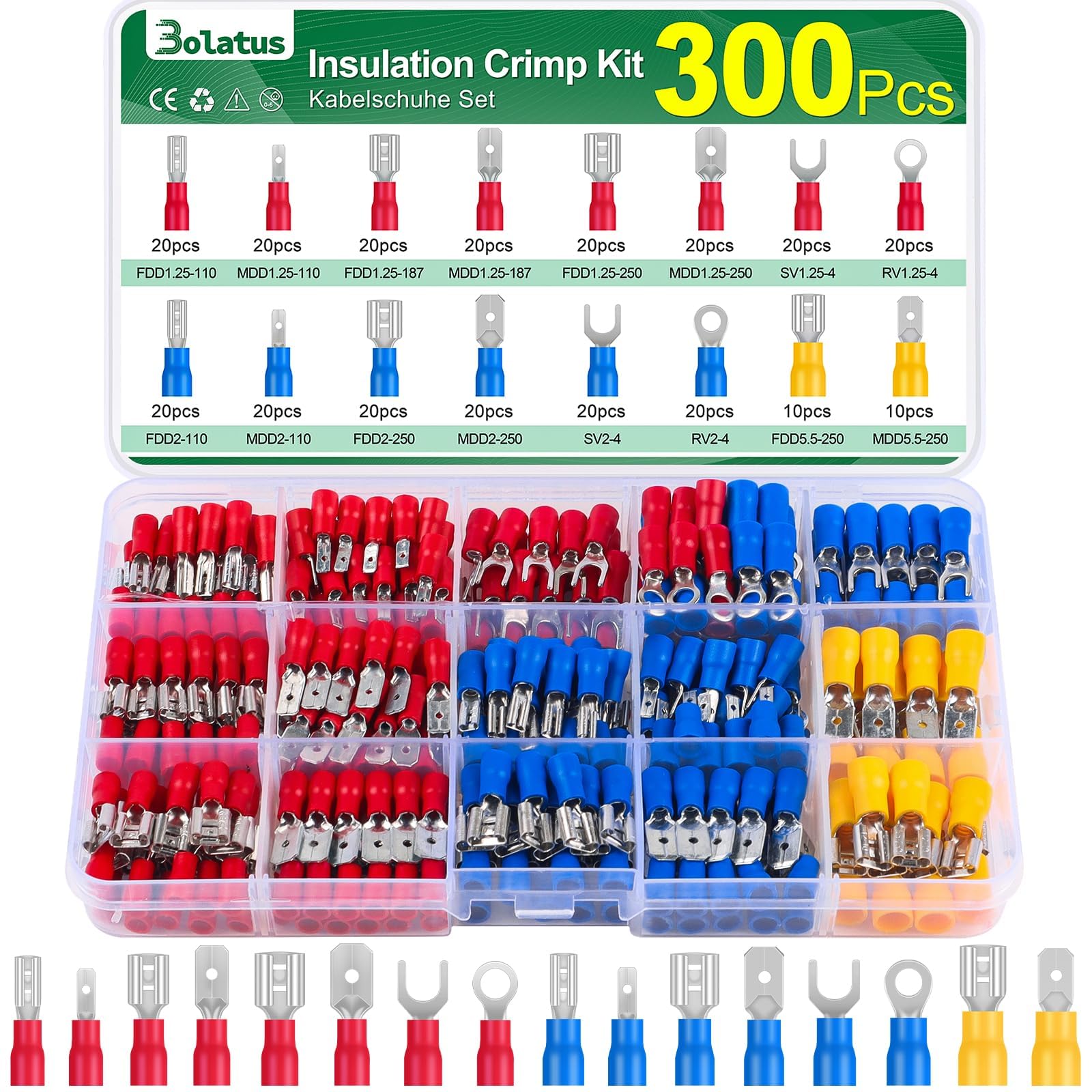 300 Stück 0.5-6.0mm² Kabelschuhe Set, Bolatus 16 Type Kabel Steckverbinder Sortiment, Kabelverbinder KFZ, Crimpverbinder Elektrische, Stoßverbinder Sortiment Set