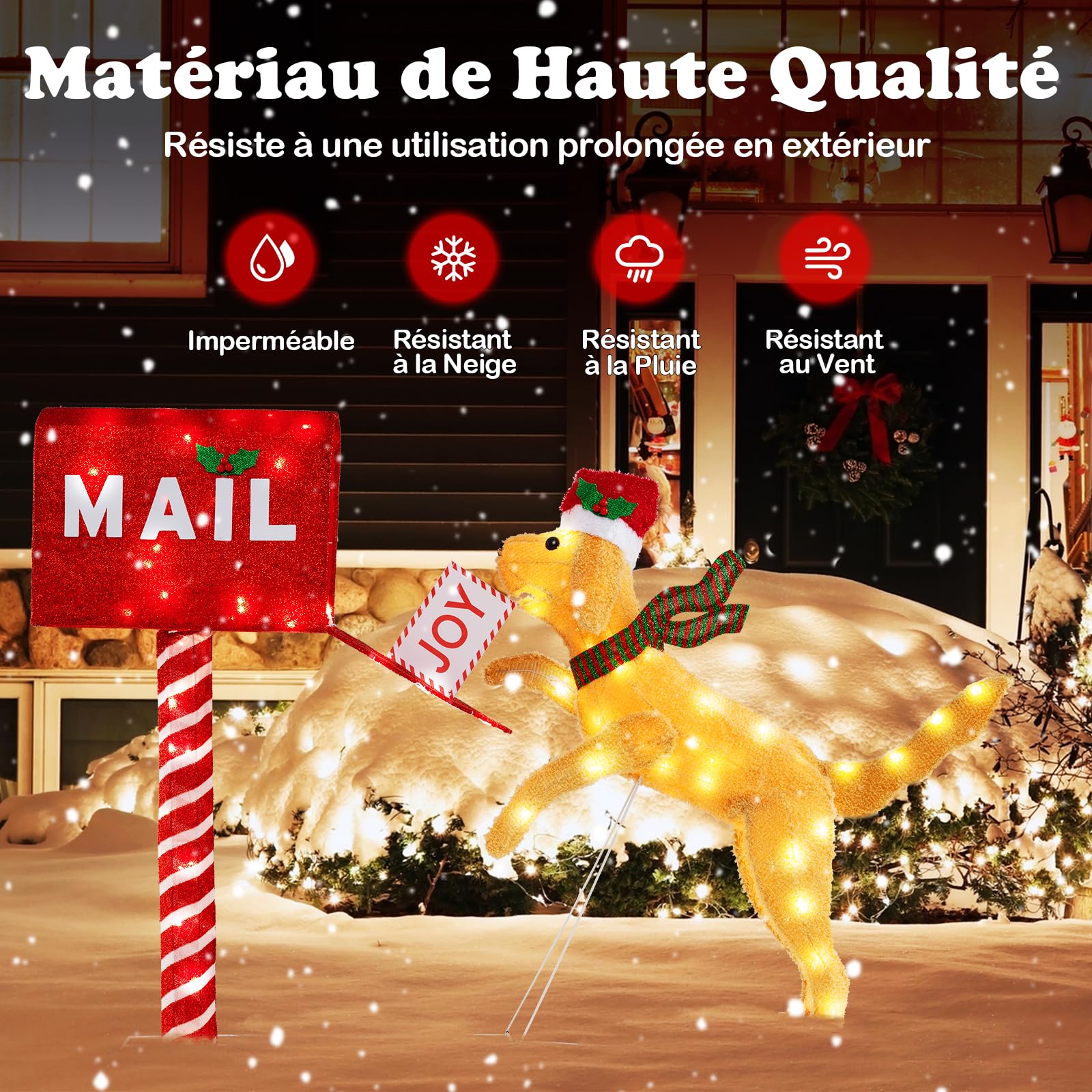 COSTWAY Boîte aux Lettres de Noël et Chien de 108 CM, Décoration de Noël Illuminée avec 120 LED Blanc Chaud, Résistante aux Intempéries avec Attaches et Piquets pour Extérieur