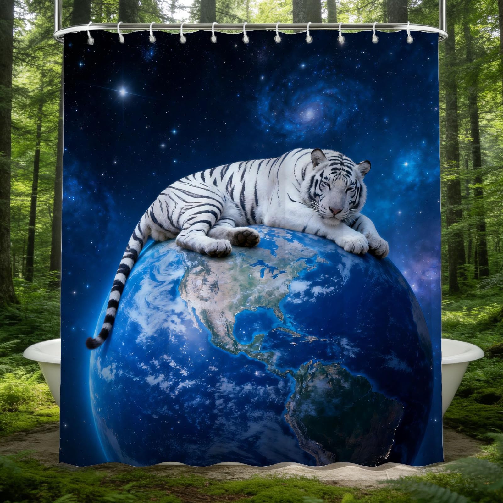 Hongduo White 3D Tiger Shower Curtain For Stalls Bathtubs Starry Sky Bathroom Decor Shower Curtain Set Polyester Fabric Waterproof 180X200cm/71X79 Inch With Hooks