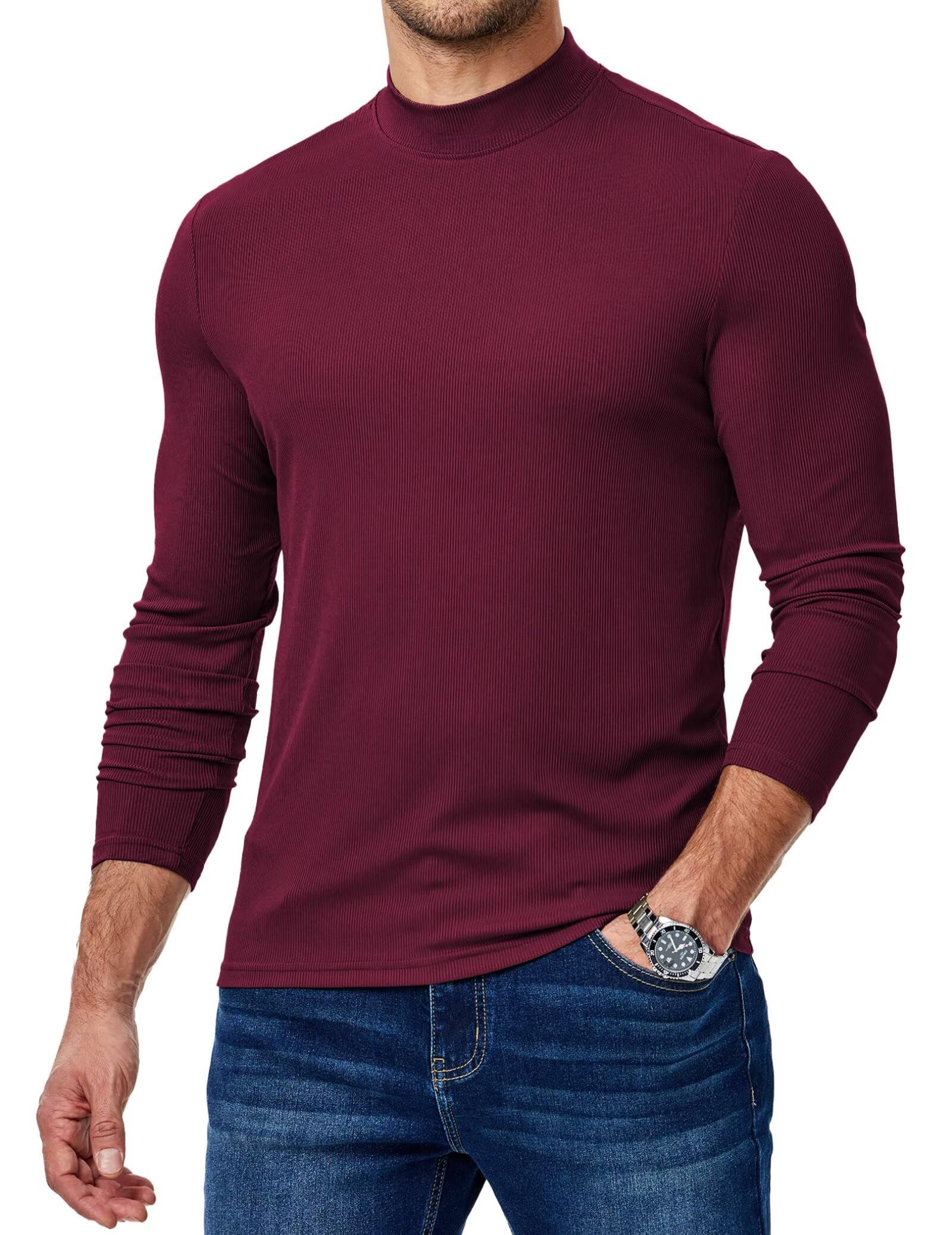 Dokotoo Men Mens Mock Turtleneck T Shirts Long Sleeve Slim Fit Shirts Casual Ribbed Knited Tops Thermal Pullover Undershirts