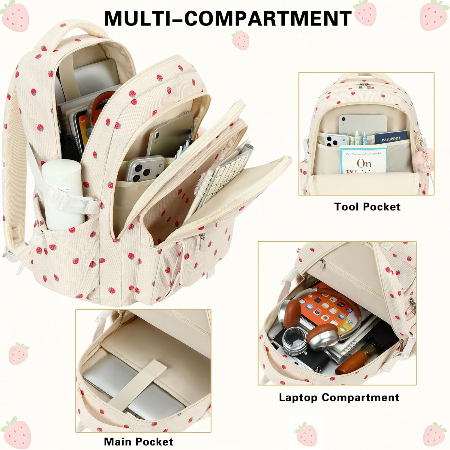 School Backpack for Girls,3PCS Corduroy Kids Backpack Set with Lunch Box & Pencil Pouch,15.6 Inch Laptop Teen Girls School Bag Travel Daypack for Elementary Middle High College（Beige Strawberry Set）