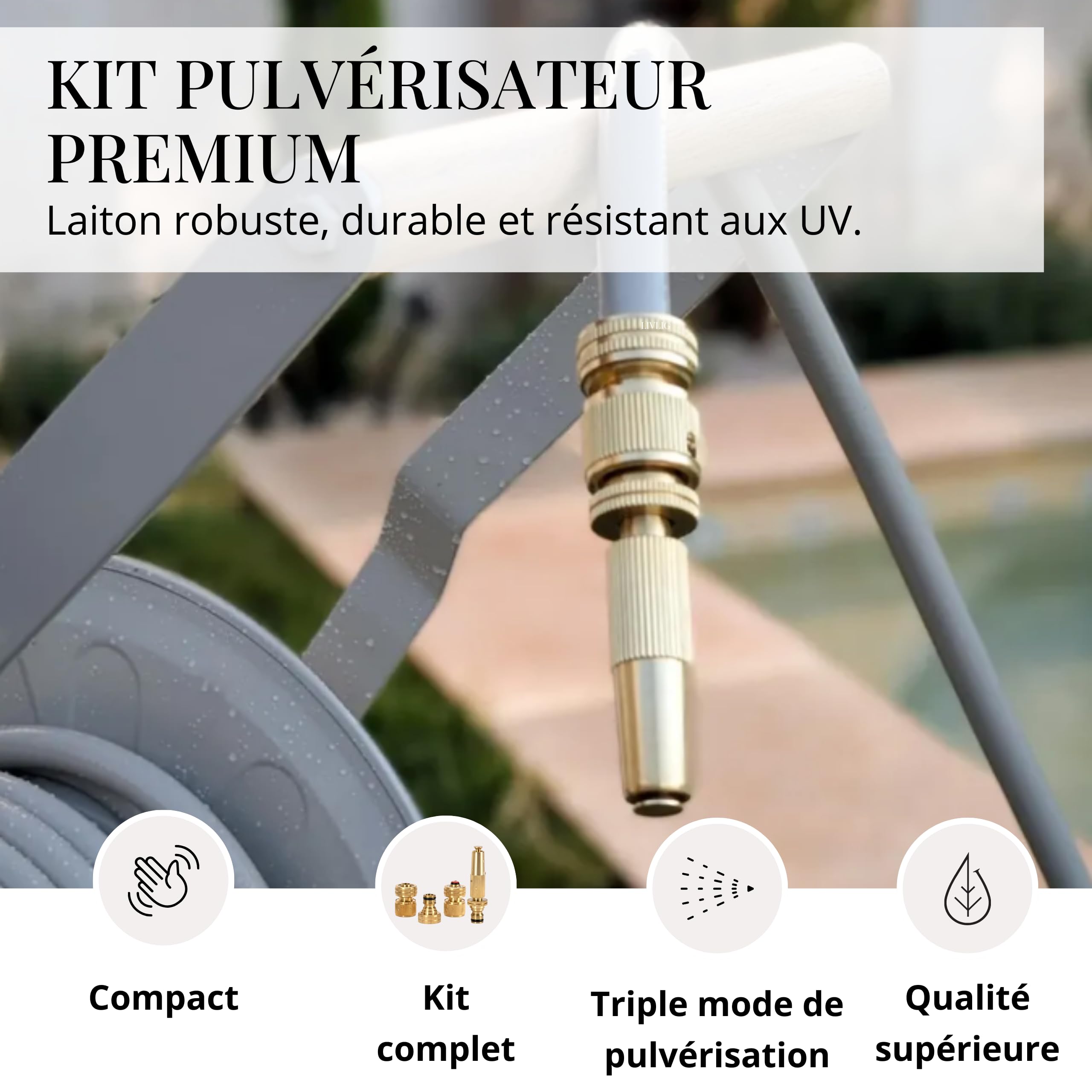 LIVLIG Lance de jardin Goldie en laiton 1/2" 13mm avec arrêt d'eau et raccord de robinet