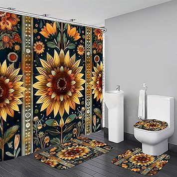AZHM 4 Pcs Sunflower Shower Curtain Sets with Rugs for Bathroom and Toilet Floral Flowers Bathroom Decor Sets Bathroom Shower Set with 12 Hooks