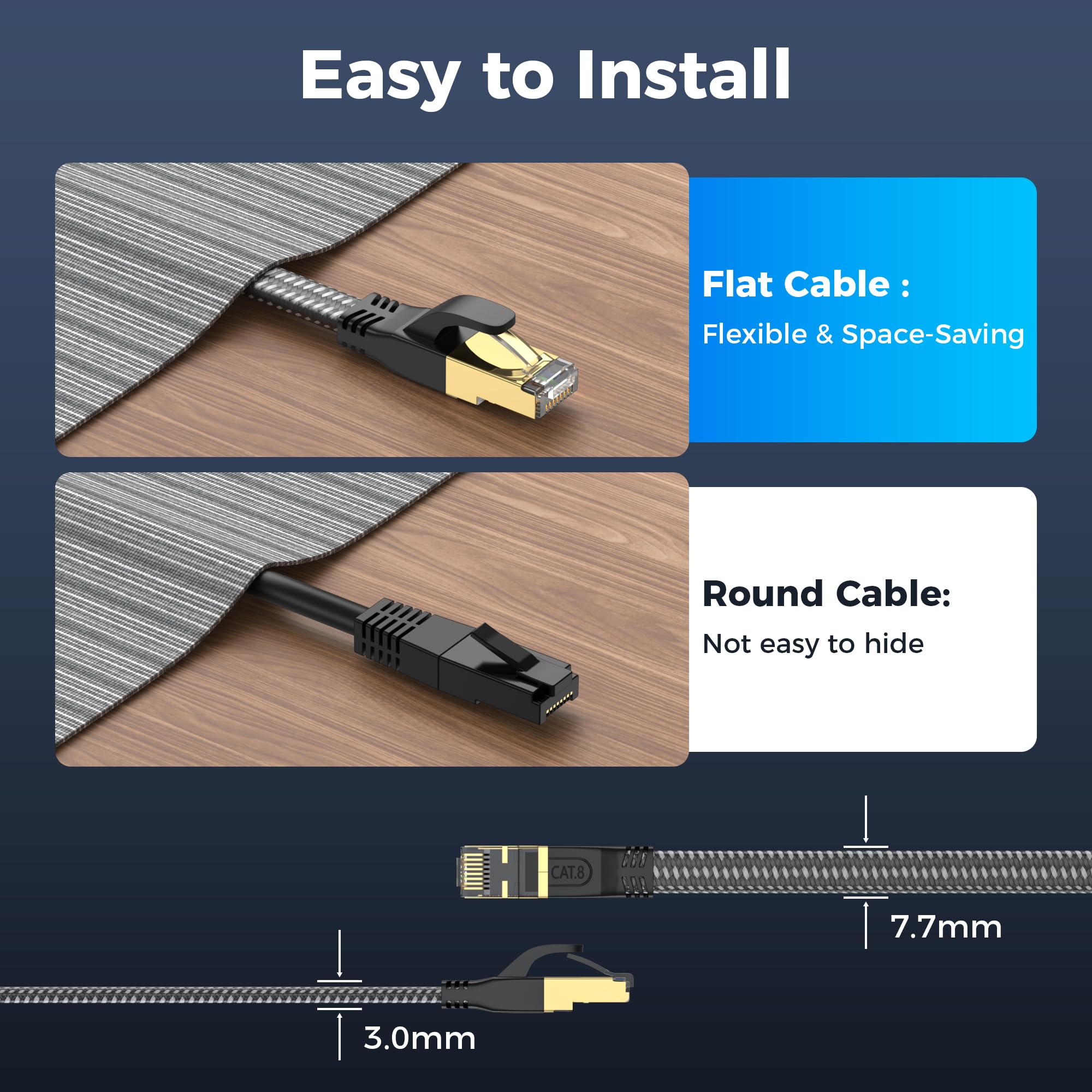 Cavo Ethernet CAT8, 50 m, 40 Gbps, 2000 MHz, cavo di rete piatto ad alta velocità, in nylon intrecciato, schermato, cavo LAN RJ45, per interni, compatibile con PS5/Xbox/router/PC, switch, modem, Smart