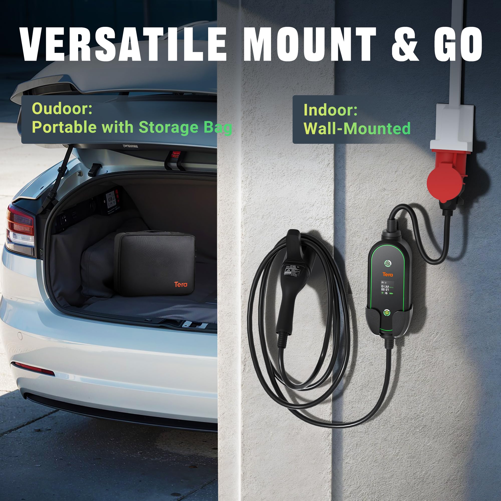 Tera Mobile Wallbox Typ-2 tragbar: 11kW 3-Phasig 6-16A 7,5m Ladekabel CEE 5 Pin EV Ladegerät 0,5-5h verzögertes Laden Einstellbarer Ladeleistung Ladegerätehalter für Elektroauto P03