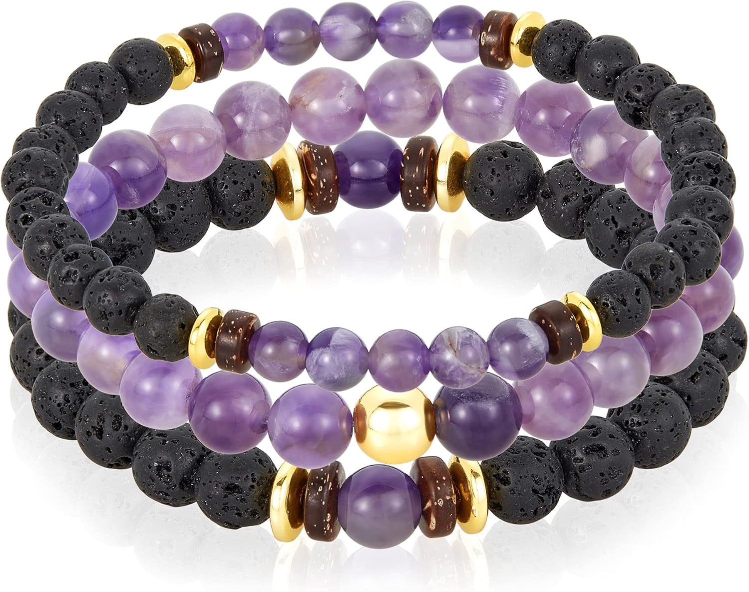 West Coast Jewelry Men's Natural Stone with Gold Plated Hematite, Lava and Wood Beaded Stretch Bracelet Set of 3