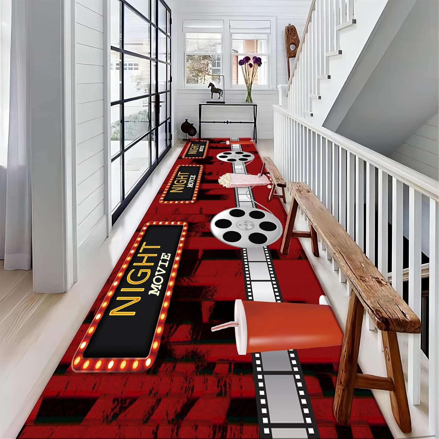Movie Theater Runner Rug, 1.3x7ft, Retro Red Movie Night Popcorn Runner for Entryway, Soft Breathable Dirty Resistant Floor Carpet, Durable Non Skid Easy Clean Rugs for Living Room