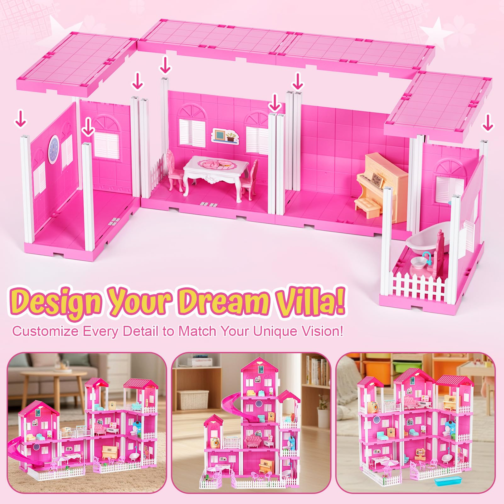 vamei 4 Étages Maison de Poupée pour Enfants avec 9 Pièces et Meubles de Maison, DIY Maison Poupee avec Poupe Meubles Accessoires, Jeux de Simulation Jouets Cadeau pour Filles âgés de 3 4 5 6 Ans