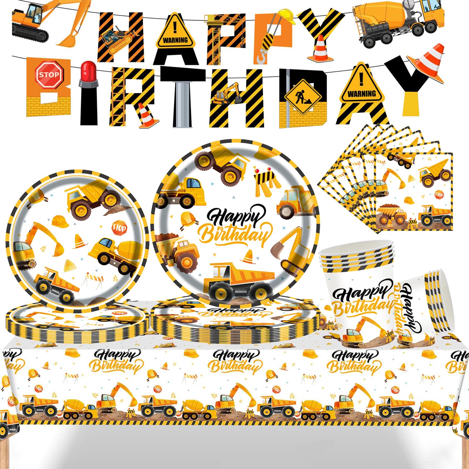 MORAINJAY 70P Digger Birthday Decorations for Boys 14+,Party Tableware Set ,Happy Birthday Digger Tableware Set,Paper Plates Cups Napkins Tablecloth Banner Party Supplies for 16 Guests