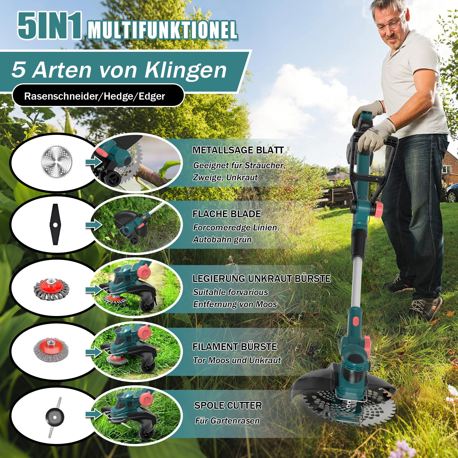 Akku Rasentrimmer mit Unkrautbürste, 21V Bürstenlose Rasentrimmer für Makita Akkus, Elektrischer Freischneider Akku, Inkl. 2X4.0Ah Akku & Ladegerät für Garden Trimmen (Blau)