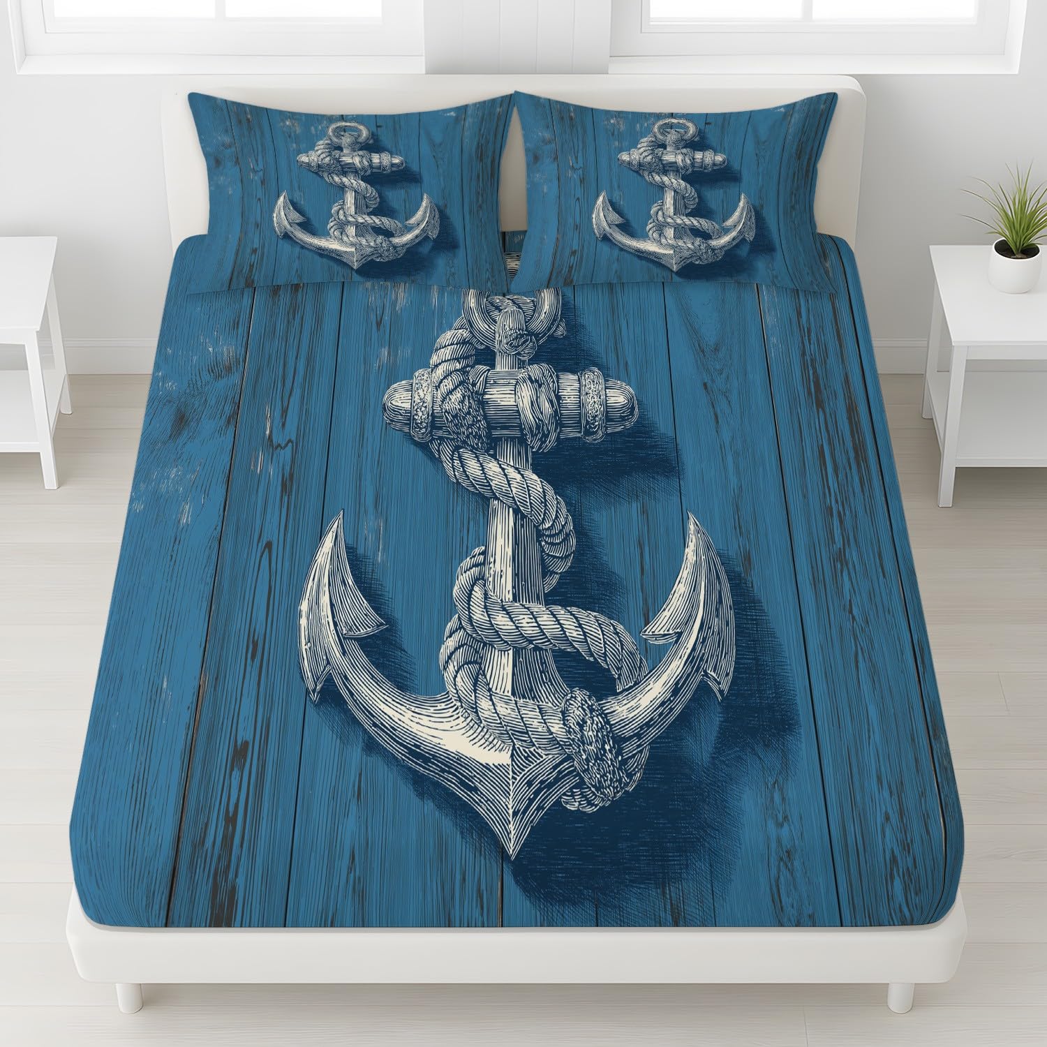 Rustykal prześcieradło z gumką w stylu vintage, 160 x 200 x 30 cm, morskie, ocean, dla dorosłych, kotwica, dekoracja pokoju, prześcieradło z gumką do 30 cm wysokości materaca