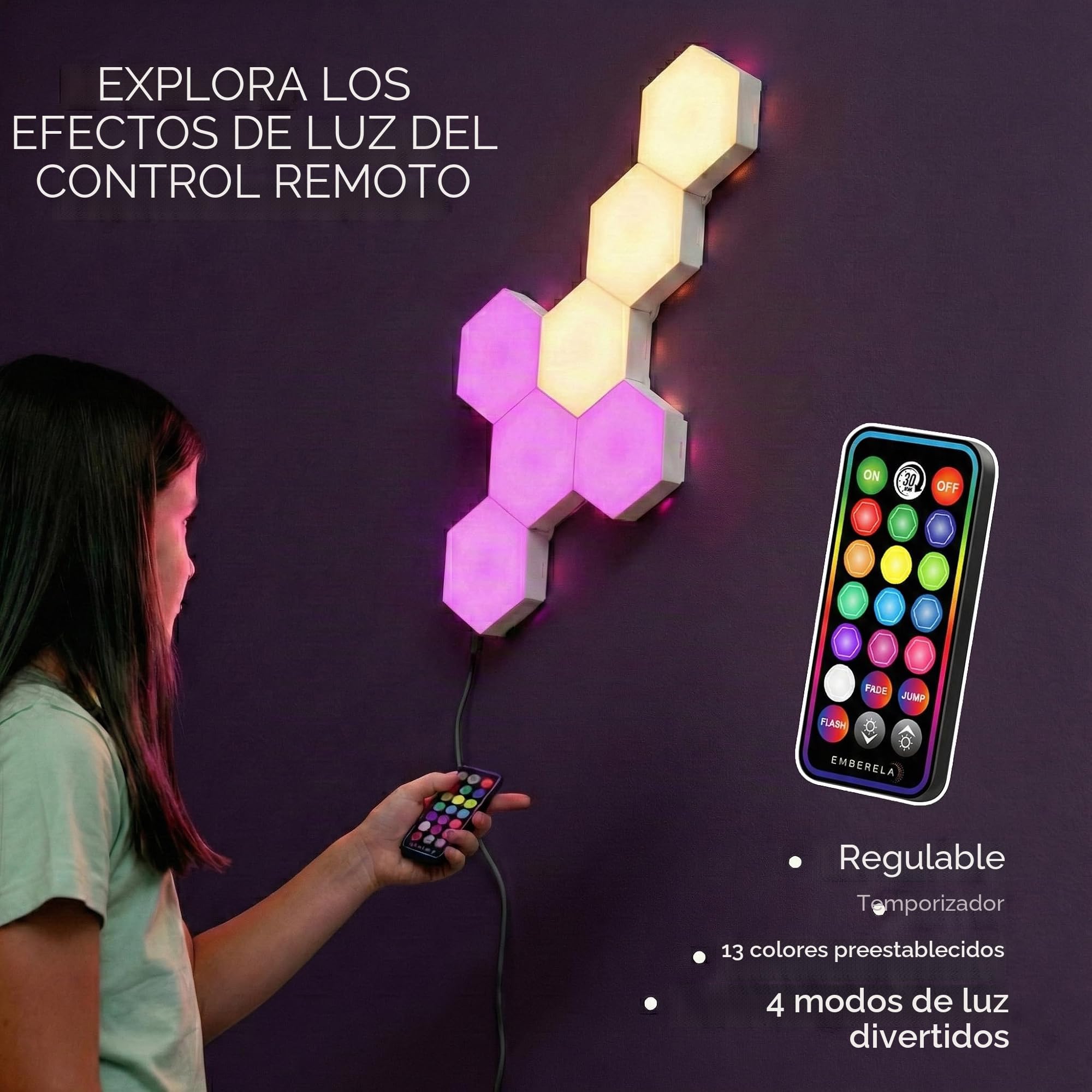 Emberela HEXlights - Luces sensoriales para niños, 7 unidades hexagonales táctiles, control remoto, paneles LED de pared, soporte de mesa incluido