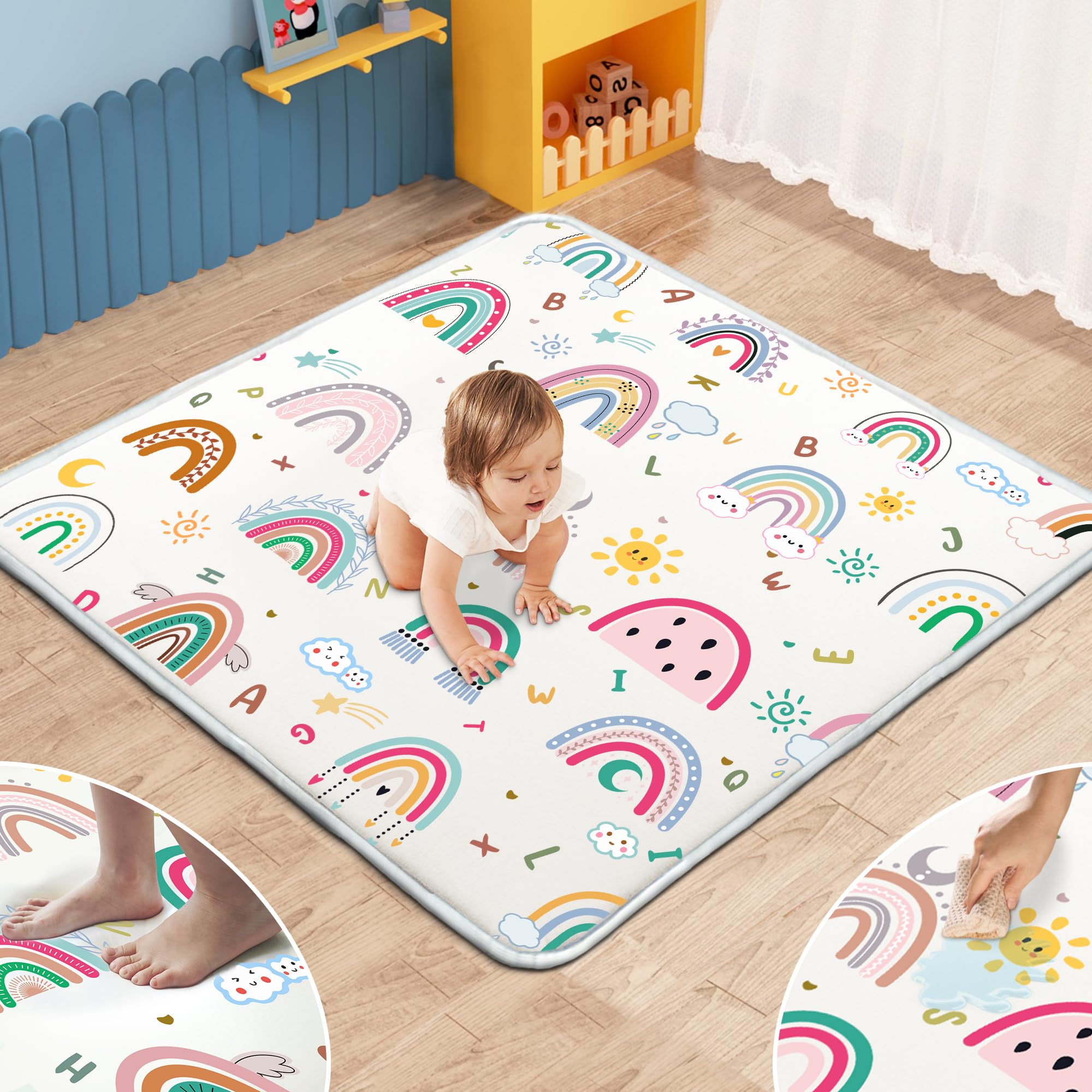 Baby Play Mat, 1-Inch Thick Foam 50" X 50" Playpen Mat,Waterproof & Non - Slip Playmat for Baby Play on Floor, Wipe - Clean, Ideal for Infants, Toddlers & Kids' Crawling and Tummy Time(Rainbow) Rainbow 50" X 50"