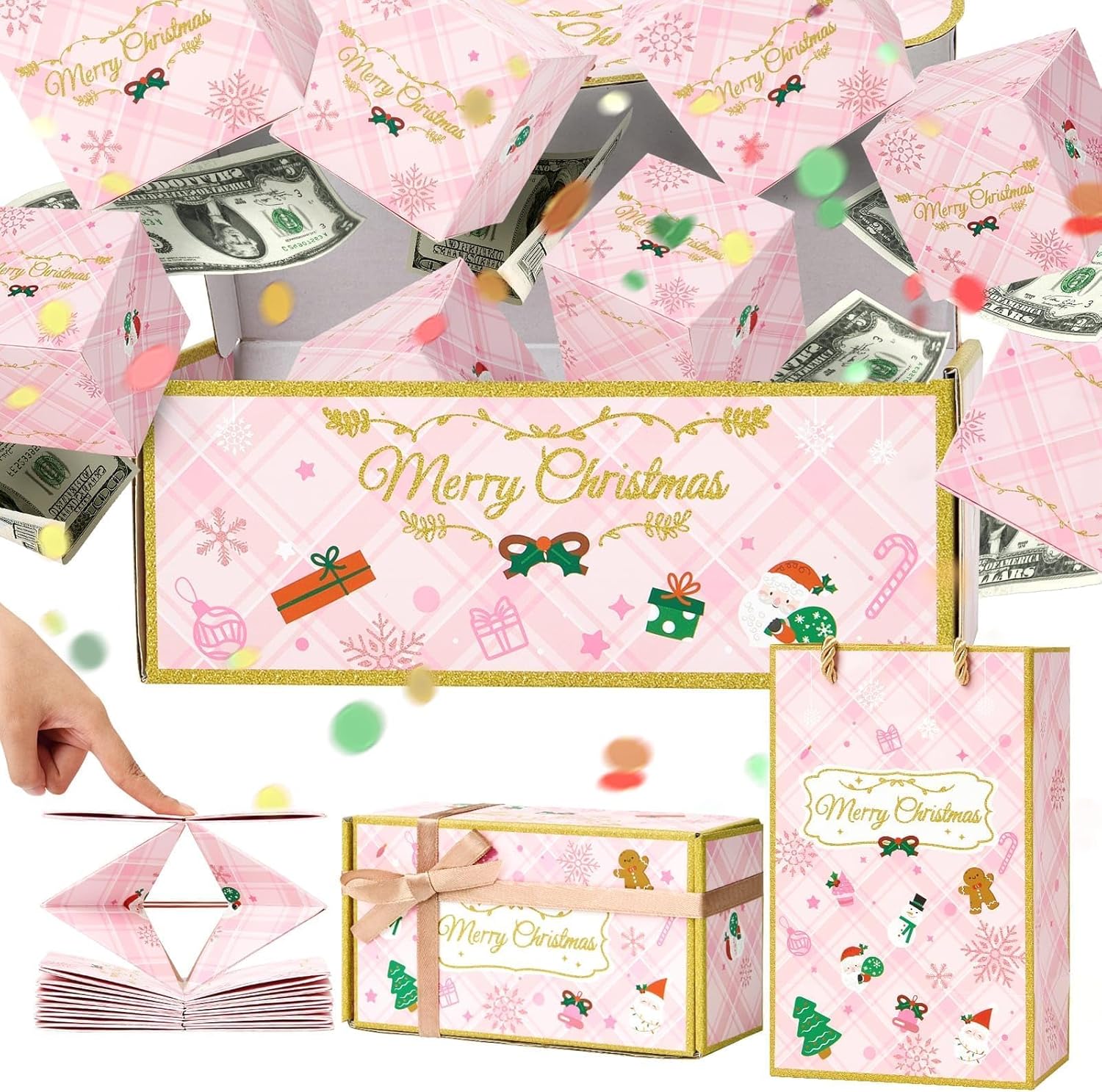 WERNNSAI Christmas Explosion Gift Box - Pink Christmas Surprise Gift Boxes with Confetti Money Folding Pop-Up Exploding Gift Boxes for Kids Girls Birthday Holiday Party Supplies 8 Bounces