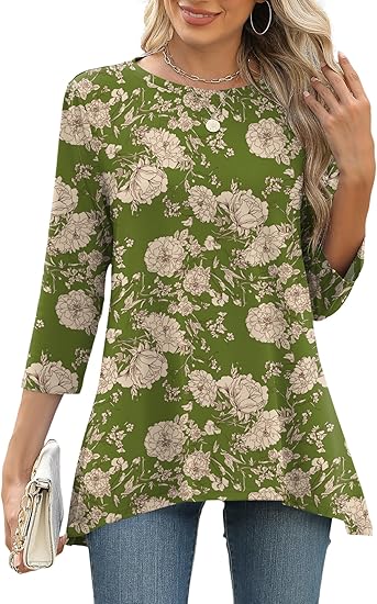 LOMON 3/4 Sleeve Tunic Tops for Women Loose Fit Dressy Casual Blouse Flowy Shirts to Wear with Leggings S-3XL