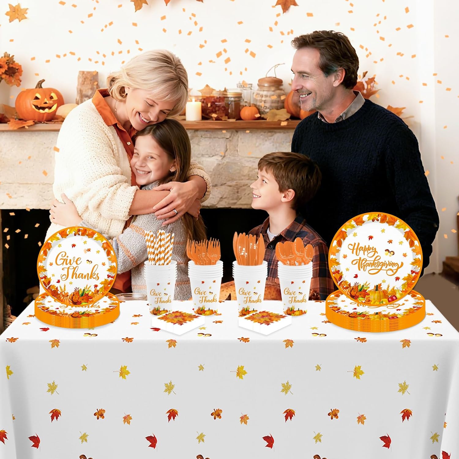 MEHOFOND 192Pcs Happy Thanksgiving Party Supplies, Give Thanks Dinnerware Sets, Thanks Giving Autumn Maple Leaves Plates Napkins Tableware for Fall Friendsgiving Dinner Party Decor