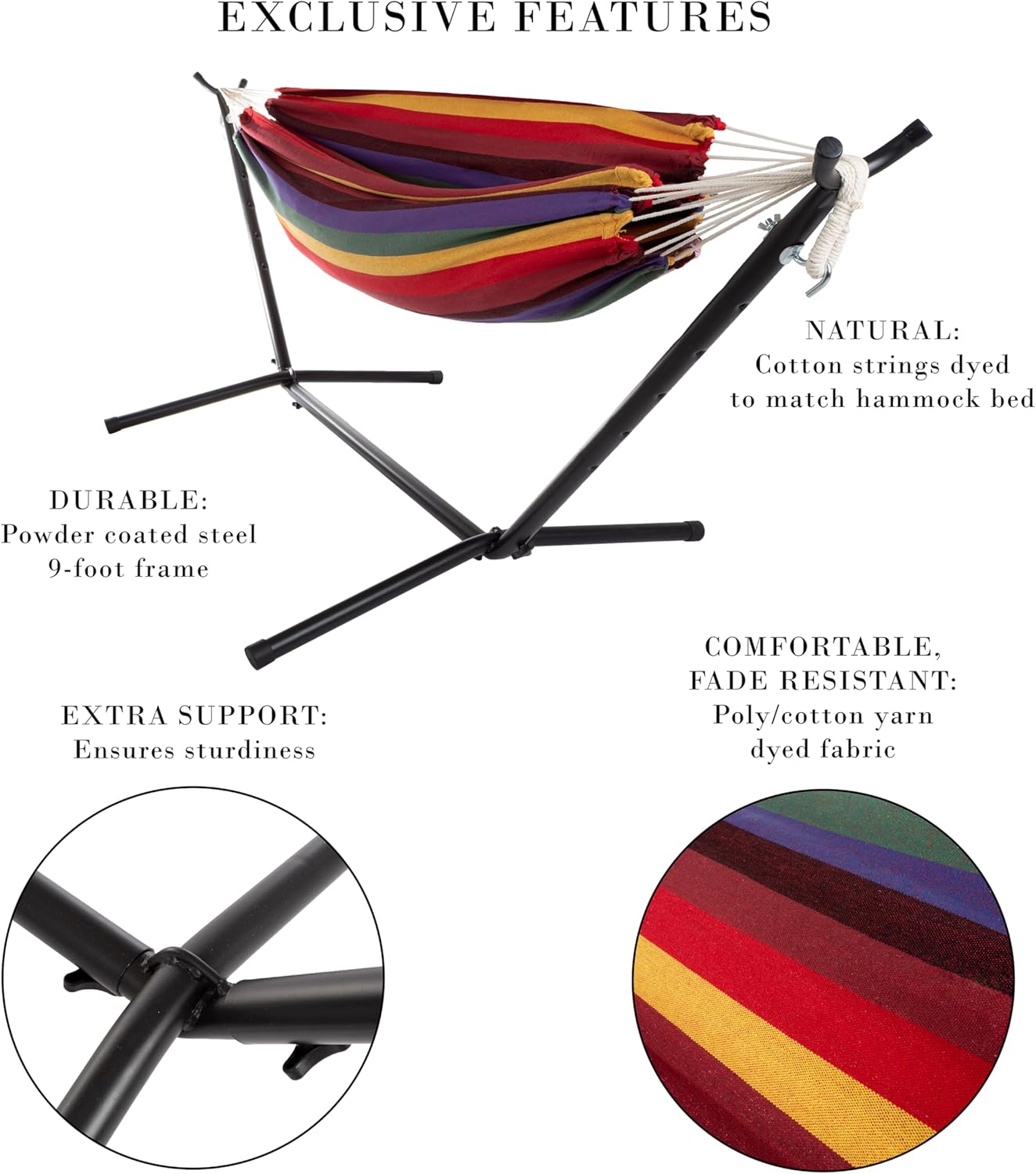 Double Brazilian Hammock with Stand Included ? Woven Cotton, 2-Person, Outdoor Swing with Frame for Camping, Backyard, or Patio by Pure Garden