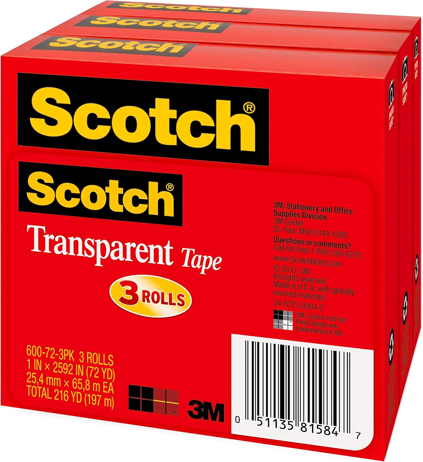 Scotch Transparent Tape, 1 in x 2592 in, 3 Boxes/Pack (600-72-3PK) : Clear Tapes : Office Products