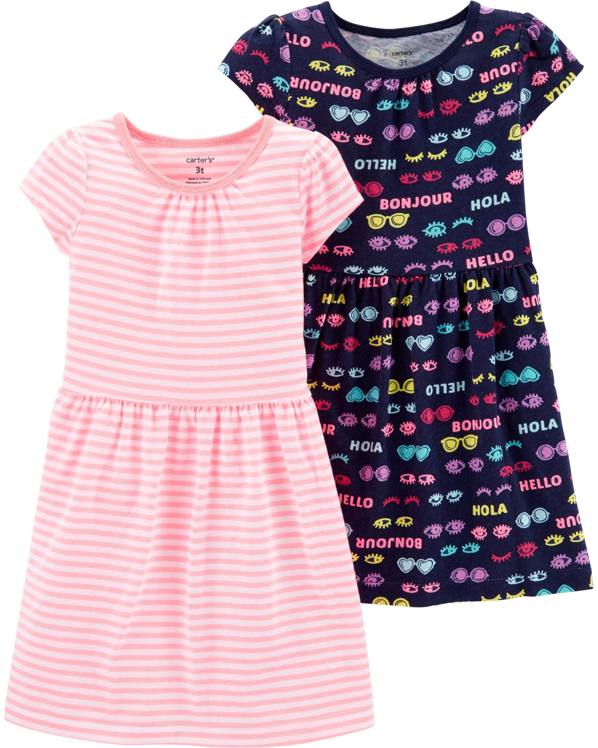 Carter's Baby Girls' 2-Pack Dress Set (3 Months, Pink/Navy Graphics)