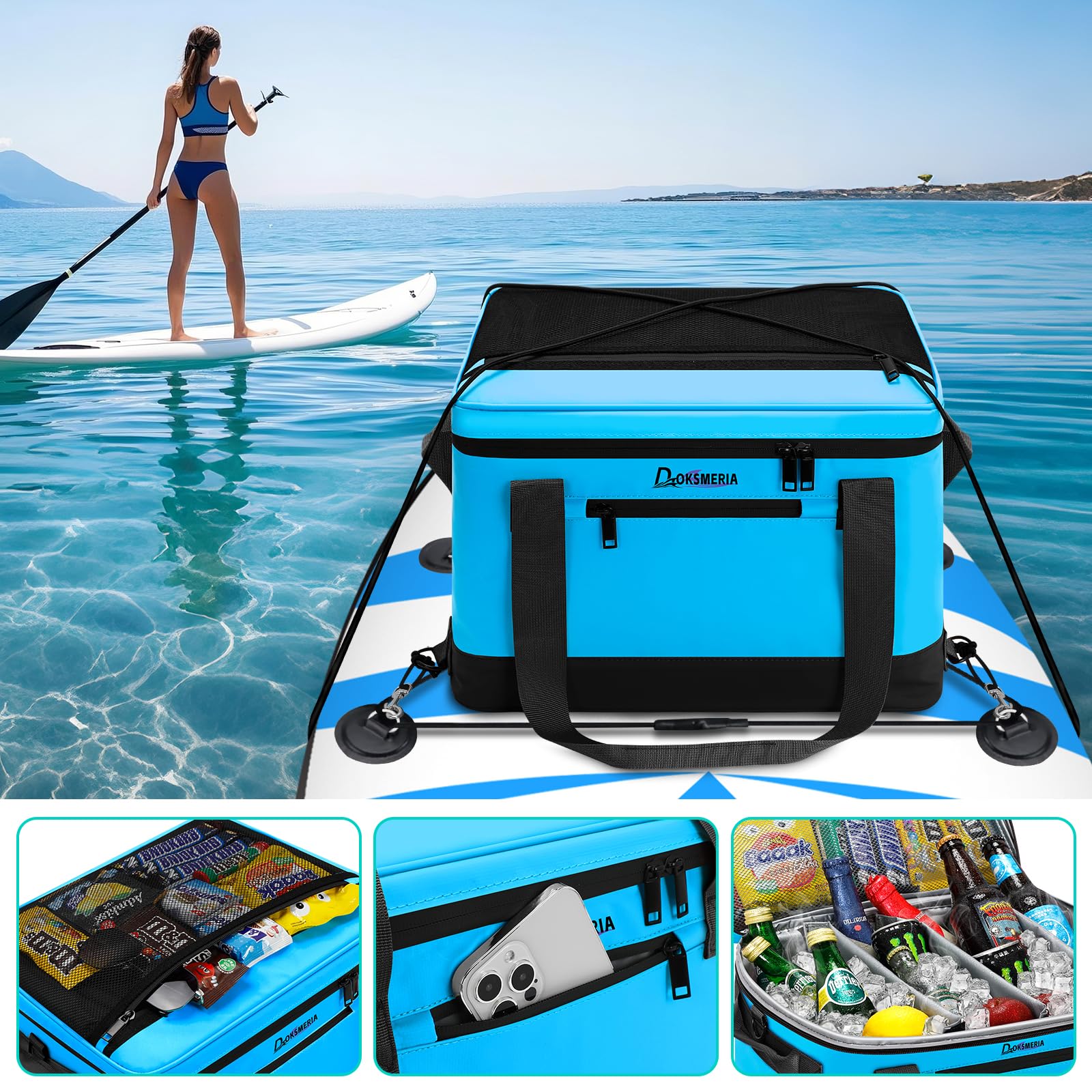Paddle Board Kühler Wasserdicht, Super Kapazität SUP Paddleboard Deck Cooler mit Schultergurt & 6 Elastische Seilclips, Paddle Board Zubehör Tasche für Stand Up Paddleboard und Kajak