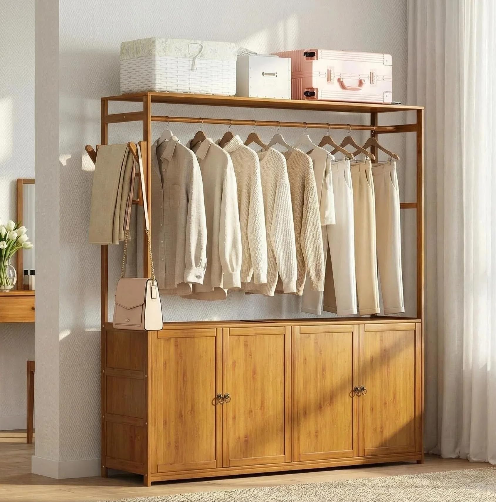 Owii Perchero de Bambú para Ropa, Barra Multiusos para Colgar Ropa, Perchero Portátil con Estantes, Armario Independiente para Dormitorio, 124 x 32 x 174 cm