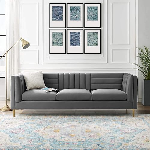 Modway Ingenuity Channel - Sofá de terciopelo con patas de acero inoxidable dorado en color gris