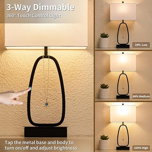 Miniatura 2 de Juego de 2 lámparas de mesa táctiles modernas de 25 pulgadas con 2 salidas USB y CA, lámparas de noche regulables de 3 vías para mesita de noche,