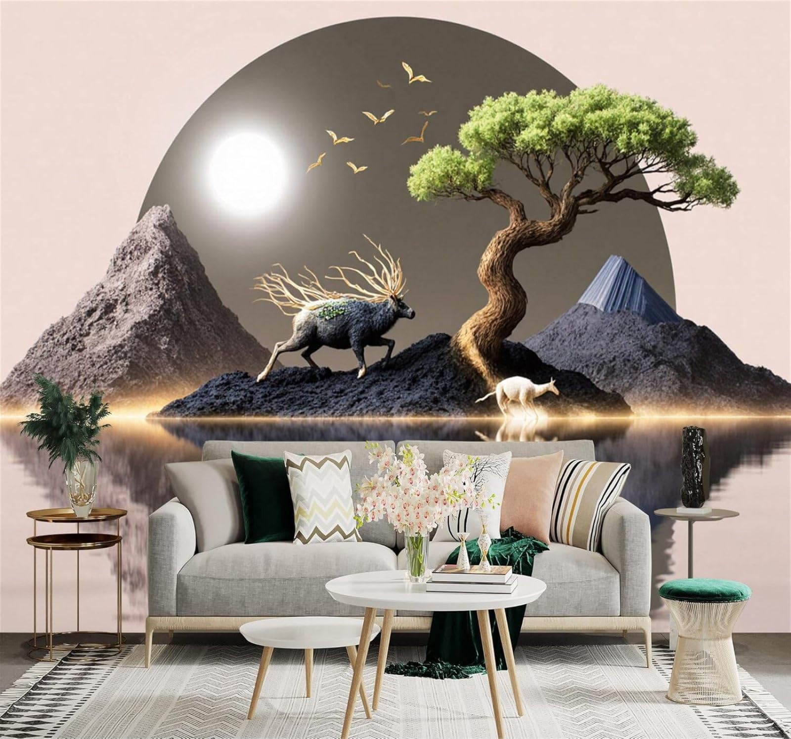 Xlming 350Cm×256Cm(B×H) Green Trees Mountain Peaks The Moon A Lake Reflections Art 3D Wallpaper Silky Texture Home Study Office Grey Dining Room Sofa Bedroom Living Room Tv Backdrop-350Cm×256Cm