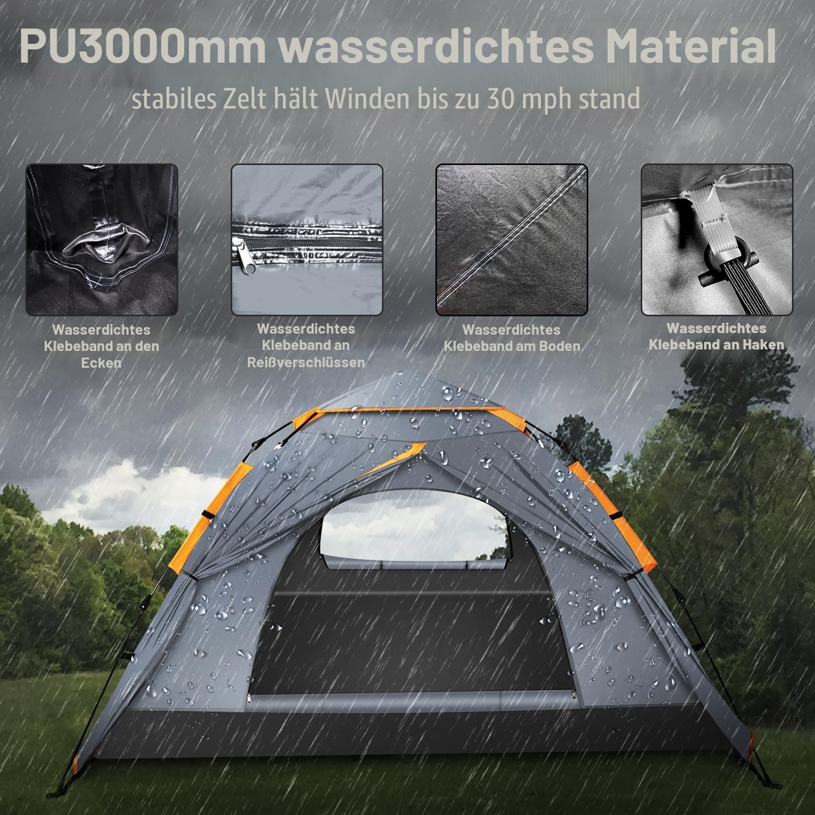 Cflity Camping Zelt, 3 Personen Pop Up Zelt Automatisches Instant DREI Schicht Wasserdicht 4 Jahreszeiten Große Wurfzelt & Zeltplanen mit Verlängerter Bodenmatte Veranda 2 Zeltstangen Kuppelzelt