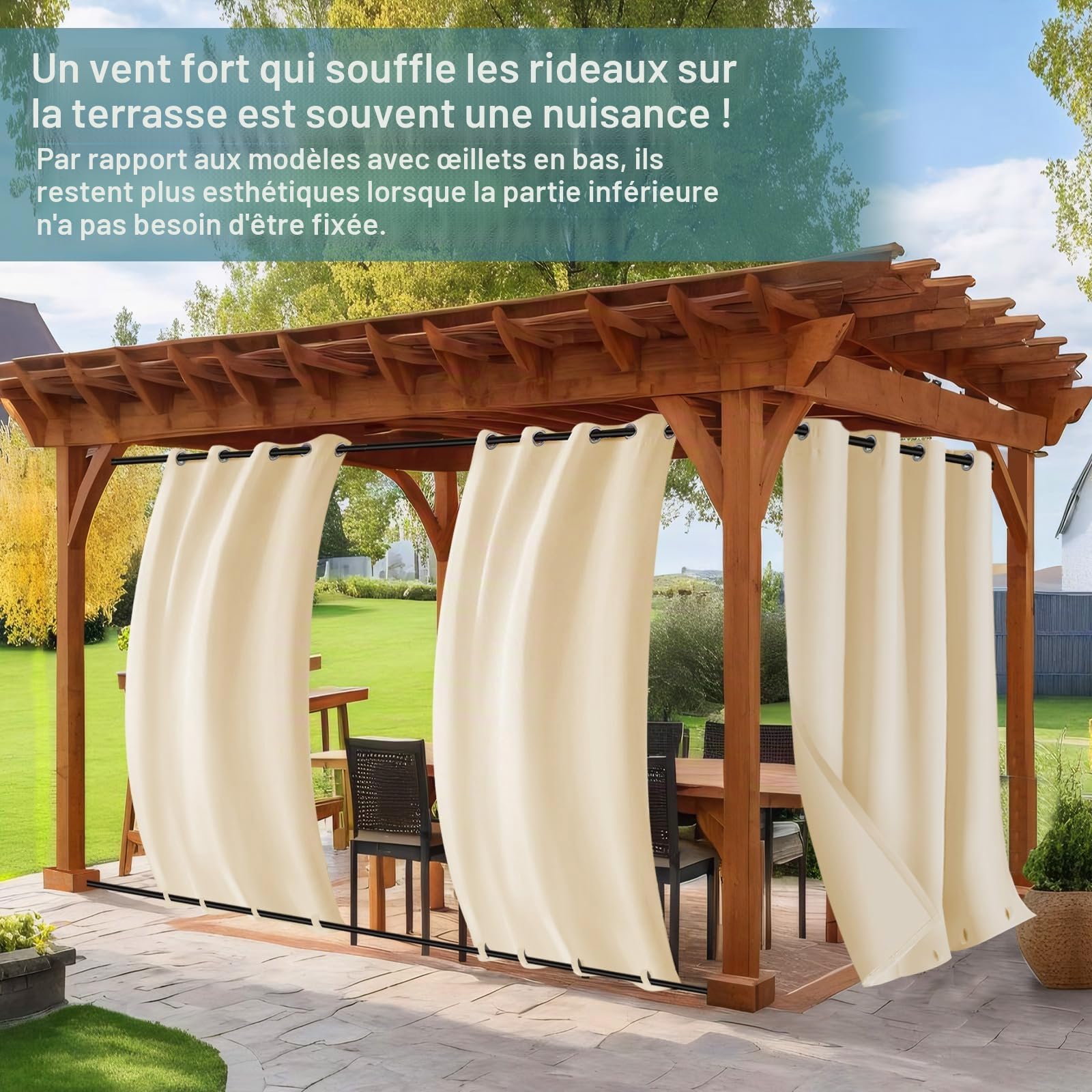 Rosnek Rideau Extérieur Imperméable, Rideaux Occultant avec Corde Thermiques Anti Chaleur Anti UV, Beige Rideau Extérieur avec Onglet en Haut pour Pergola, Gazebo etc L 132 x H 213 cm, Lot de 2