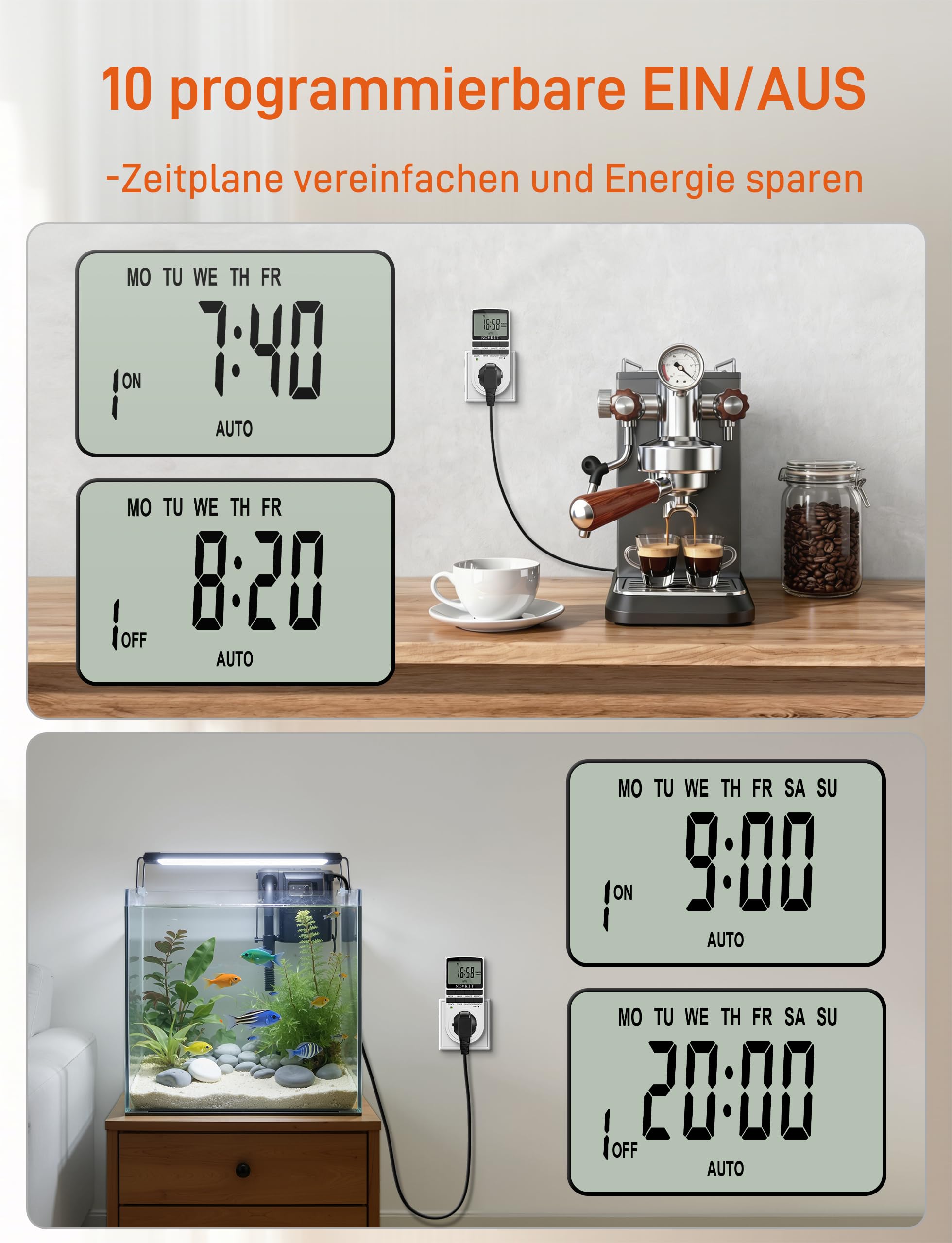 2x NOVKIT digitale Zeitschaltuhr Steckdose mit 10 konfigurierbaren wöchentlichen Programme und einbruchsicheren Zufallsfunktion für Innen (230V / 16A / 3680W)