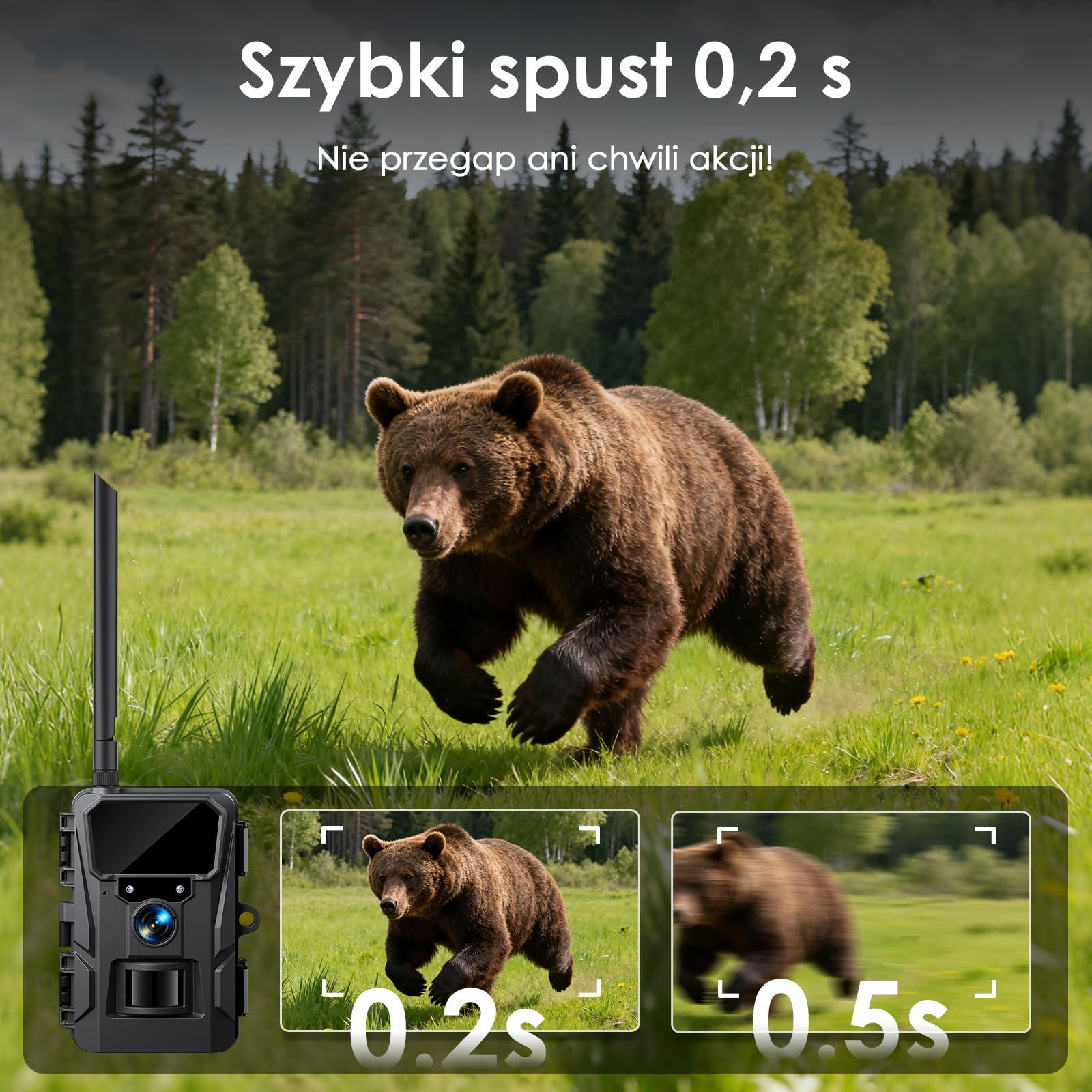WOLFANG Komórkowa kamera przyrodnicza 4G LTE, zasilana energią słoneczną, kamera 2K 48 MP z baterią 5200 mAh, wyświetlacz 2,0 cala, sterowanie aplikacją, noktowizor, aktywowany ruchem wyzwalacza 0,2 s